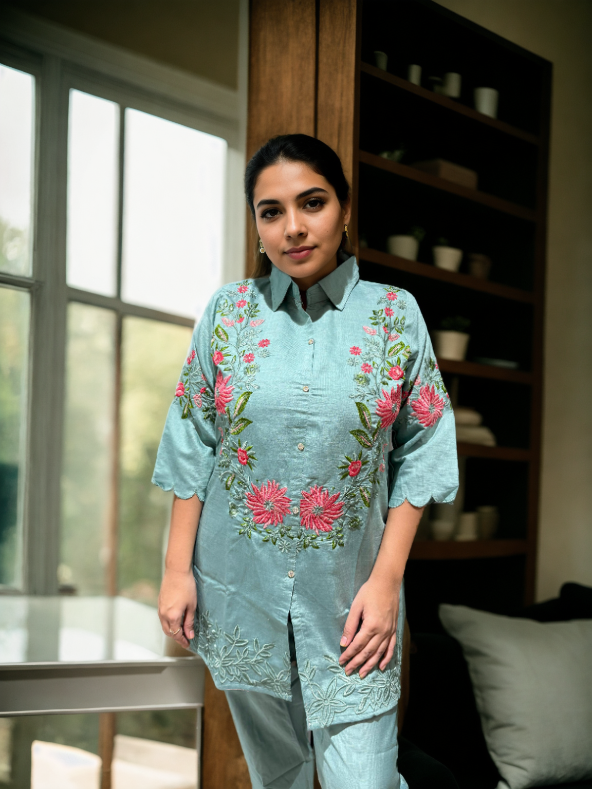 Floral Grace Embroidered Coord Set in Vatican Silk (With Inner)