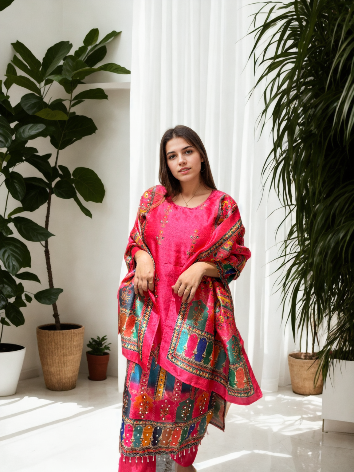 Hot Pink Gadwal Silk Mirror Work Suit Set with American Cotton Inner