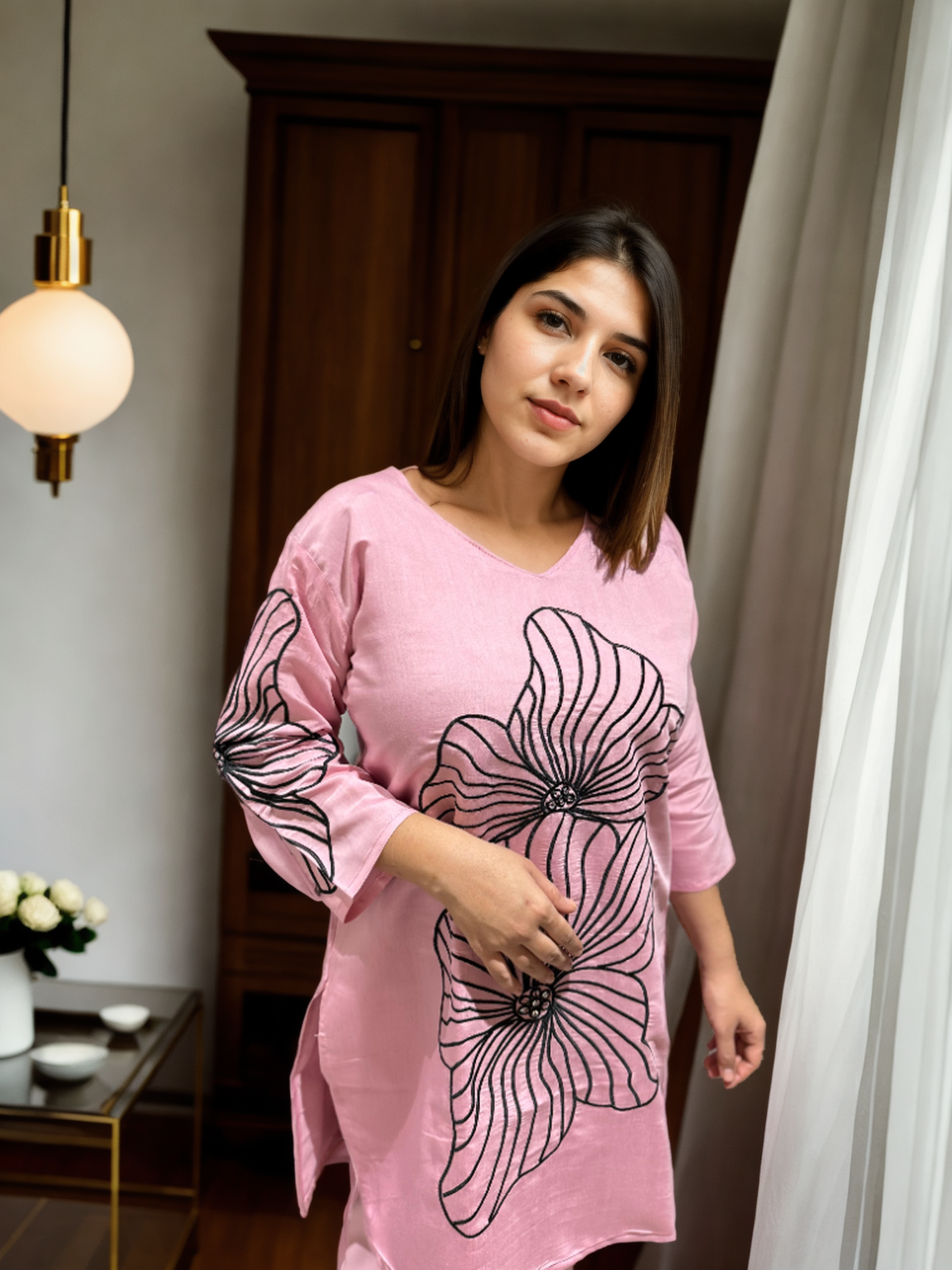 Roman Silk Coord Set with Black Floral Embroidery & American Cotton Inner