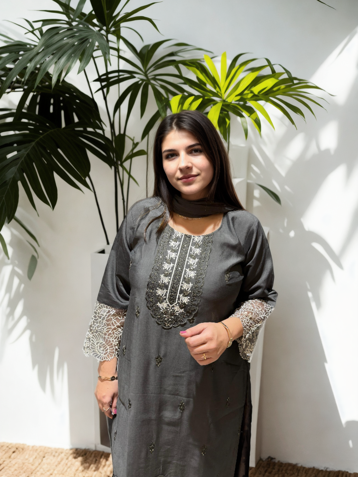 Embroidered Roman Silk Suit Set with Organza Sleeves & Cotton Naznin Dupatta – Signature Edition (5 Colors)