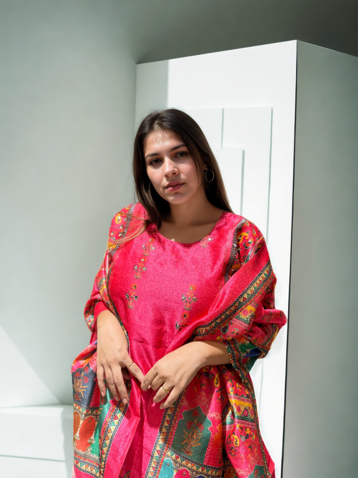 Hot Pink Gadwal Silk Mirror Work Suit Set with American Cotton Inner