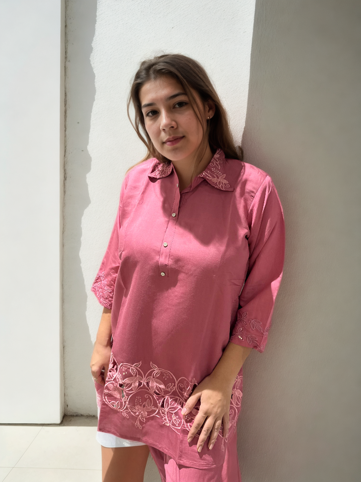 Ziva Cutwork Coord Set – Roman Silk | M to XXL