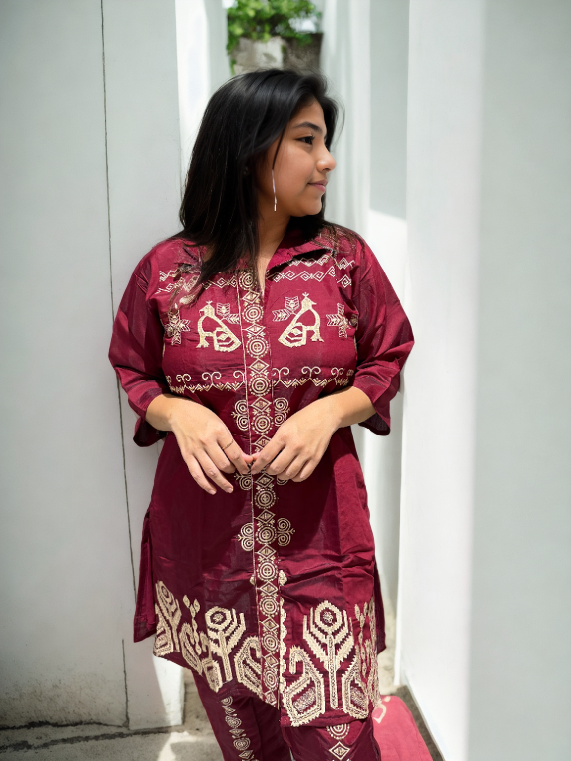 Regal Embroidered Coord Set in Roman Silk – Wine & Maroon Shades