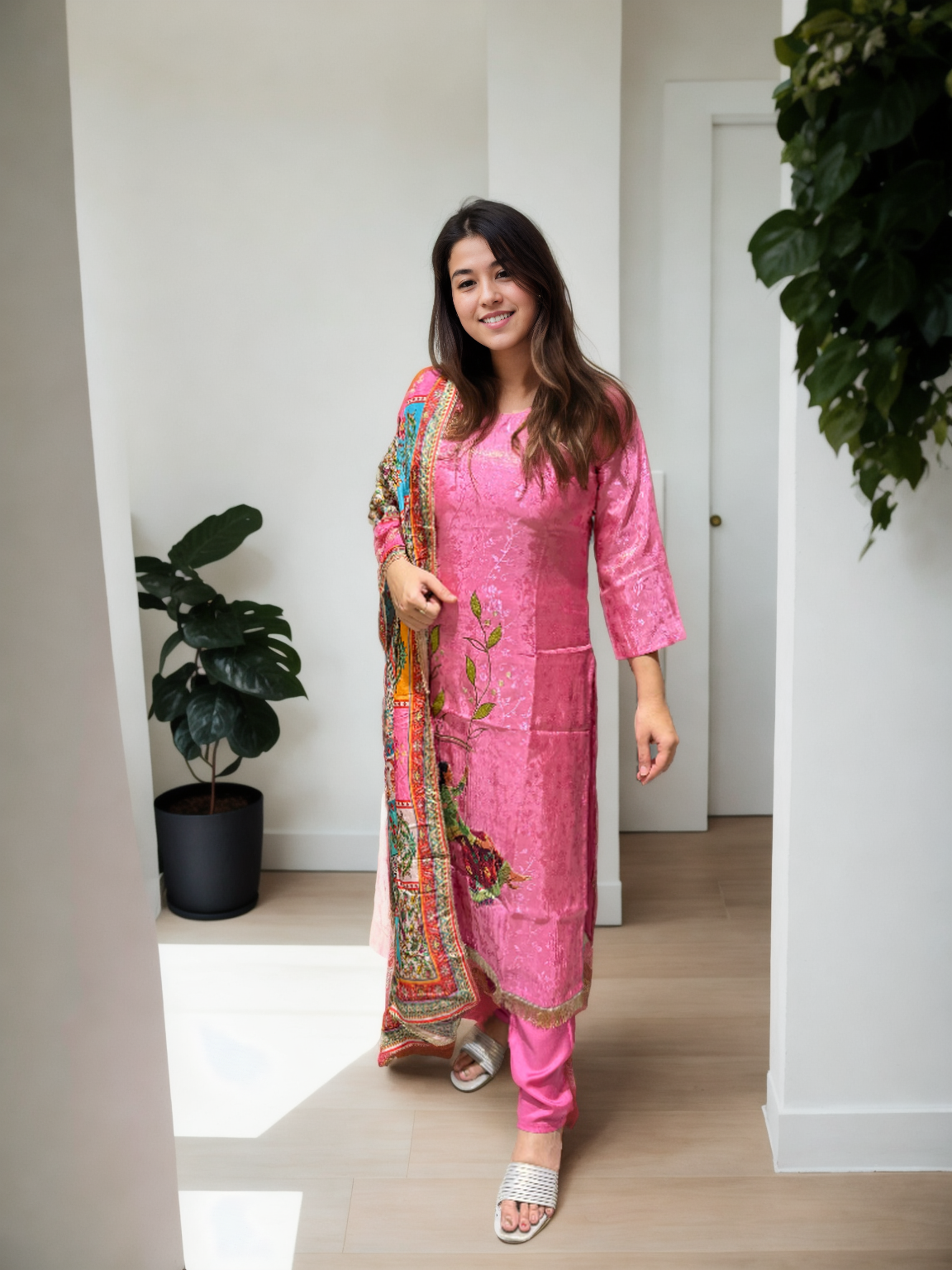 Pink Jacquard Kurta Set with Digital Embroidery & Multi-Silk Dupatta
