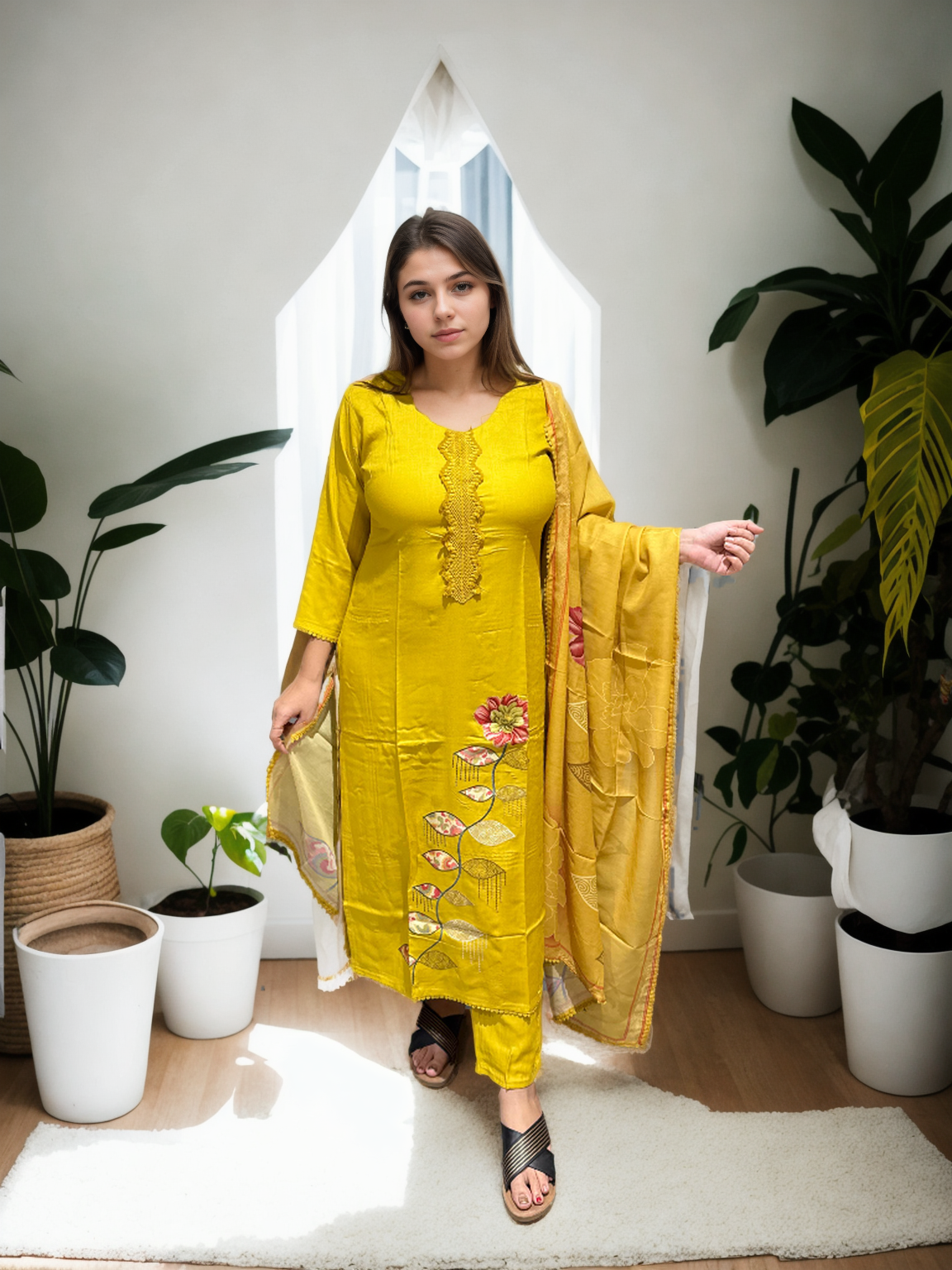 Mustard Yellow Cotton Suit with Digital Embroidery & Printed Dupatta | Signature Collection