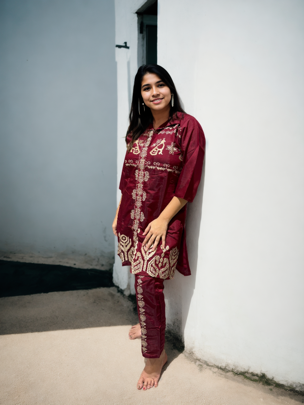 Regal Embroidered Coord Set in Roman Silk – Wine & Maroon Shades