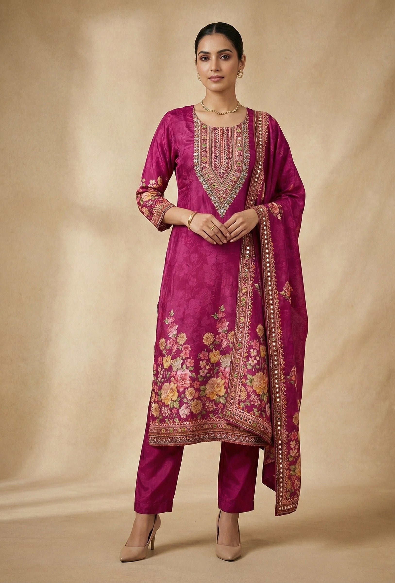 The Royal Magenta: Premium Chinon Floral Suit Set with Handwork