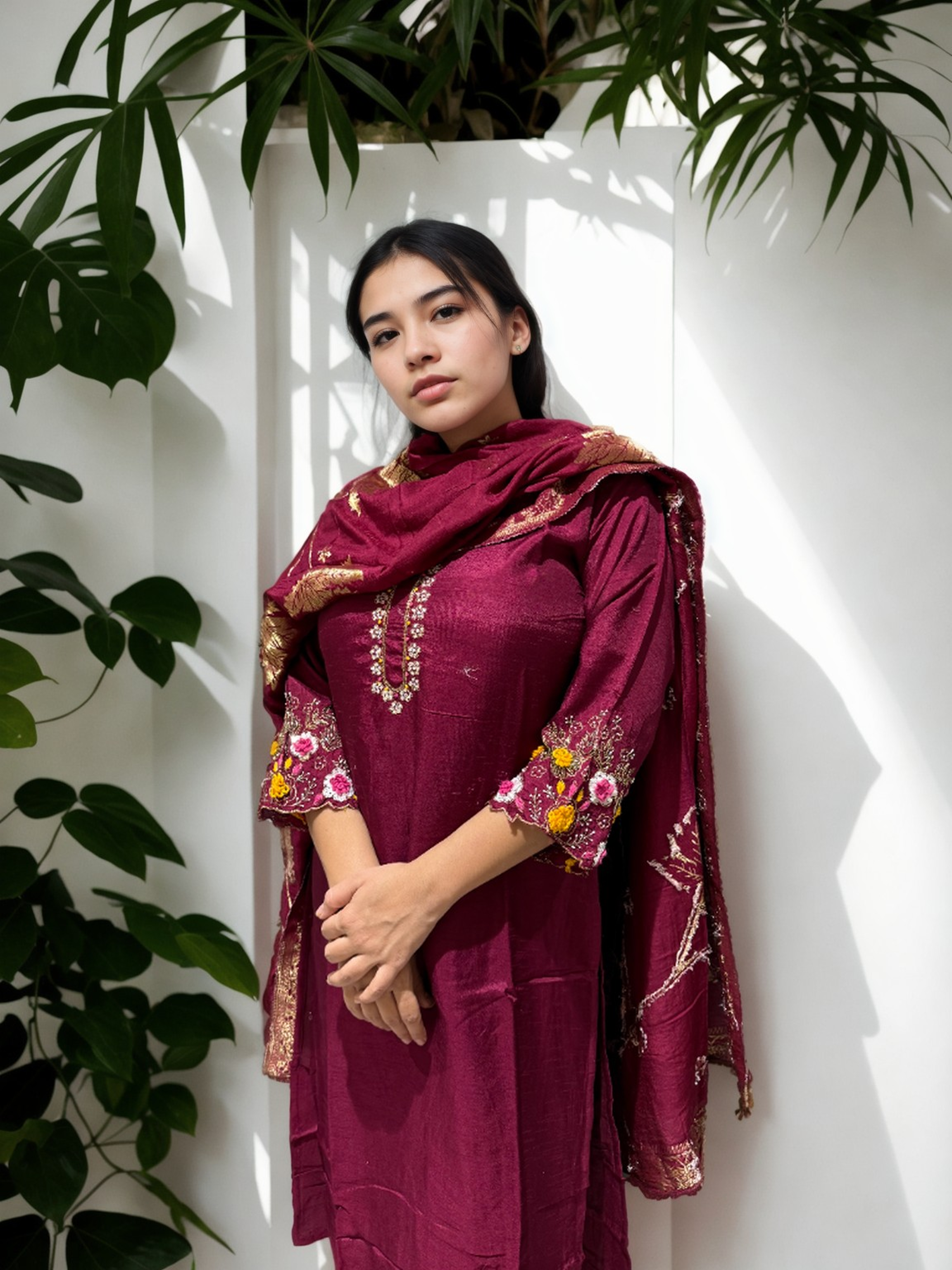 Purple Bloom | Hand-Embroidered Dola Silk Suit Set with Dupatta