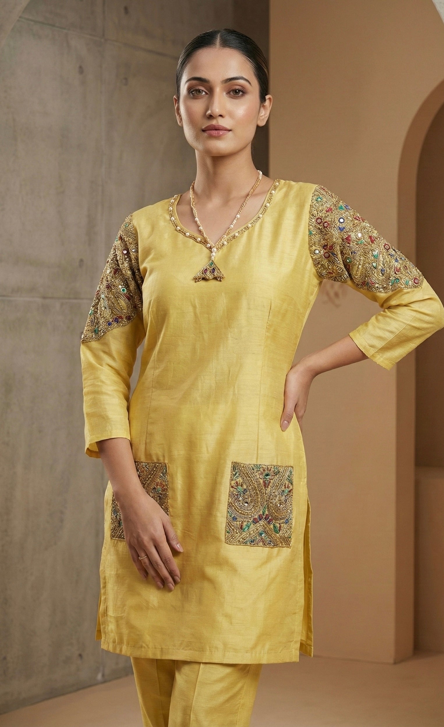 Golden Glow Pure Tissue Kurta Set with Hand-Embroidered Pockets & Shoulder Detail