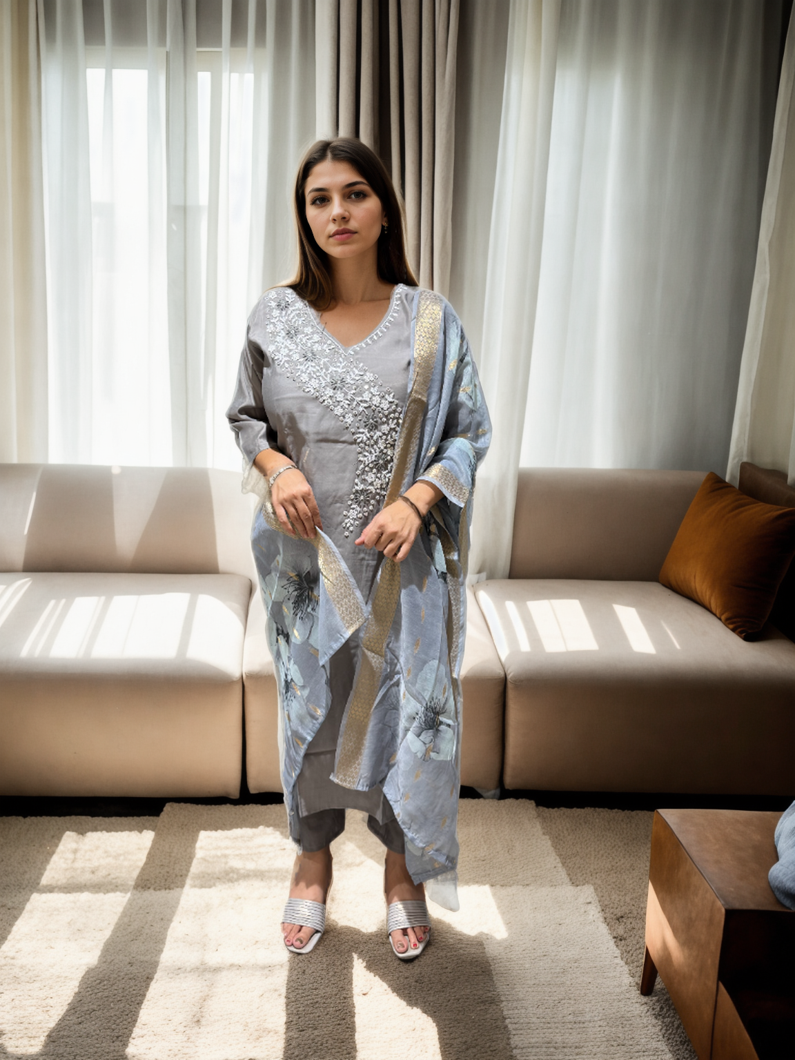 MeeraSetu Roman Elegance – Rose Pink Handwork Kurti Set with Chanderi Dupatta