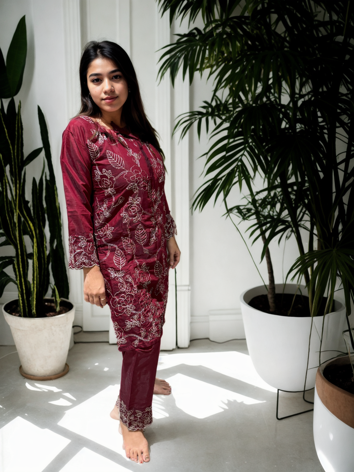 Dori Work Embroidered Coord Set – Roman Silk | Plum & Maroon