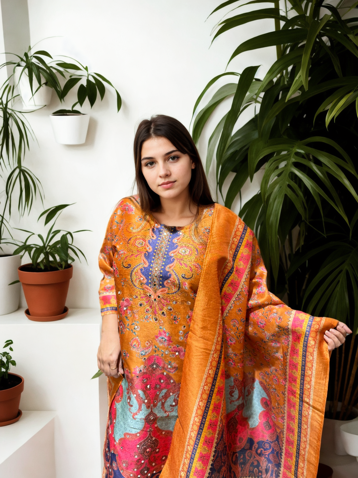 Gadwal Silk Print 3-Piece Suit Set — Saffron Paisley with Mirror Work