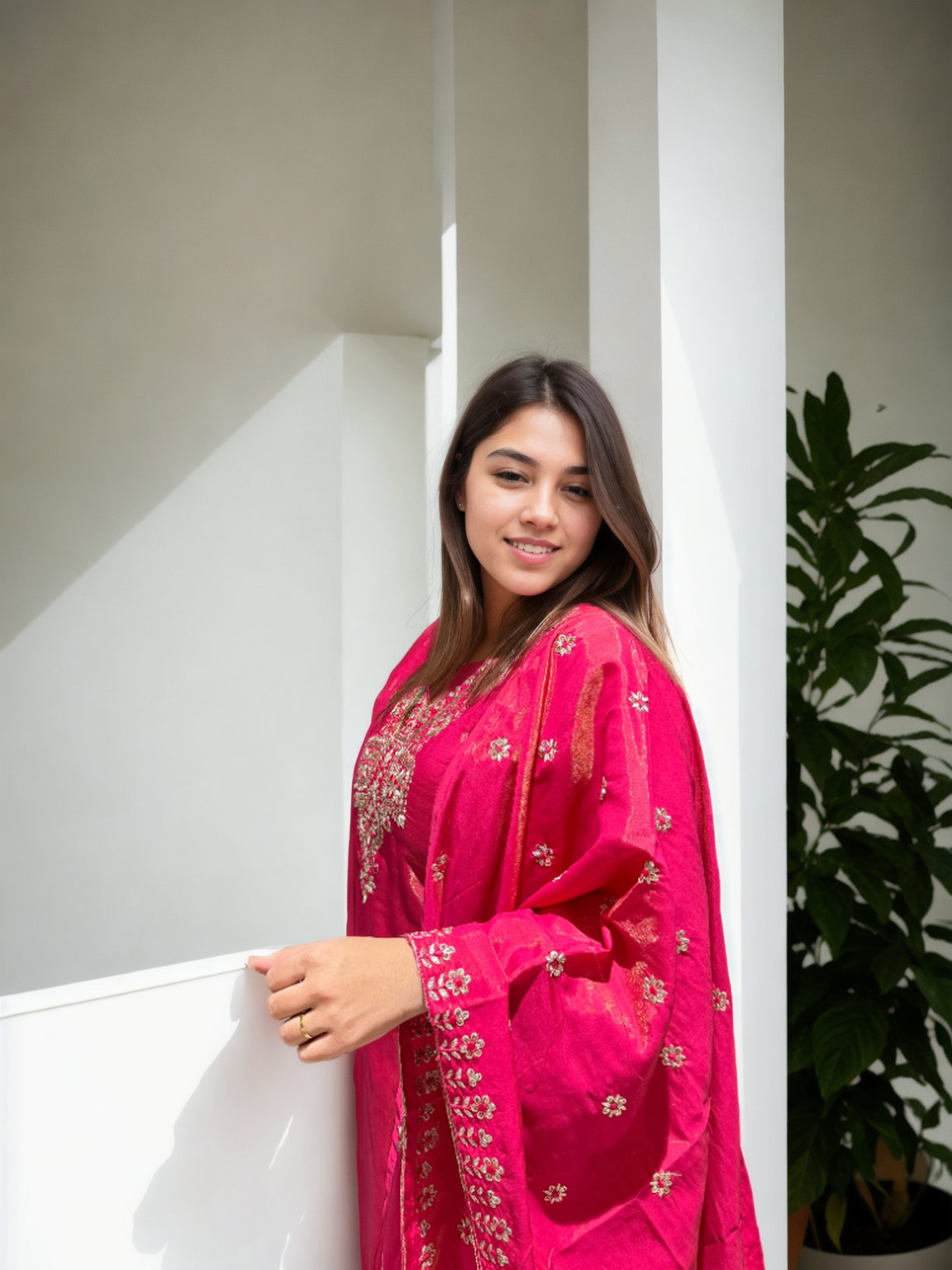 Shimmer Edition Roman Silk Suit Set – Embroidered Dupatta & Sleeves