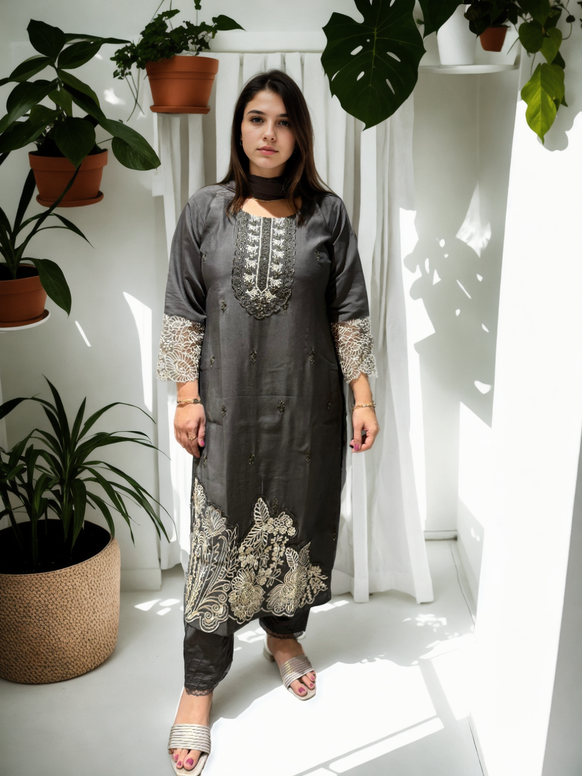 Embroidered Roman Silk Suit Set with Organza Sleeves & Cotton Naznin Dupatta – Signature Edition (5 Colors)