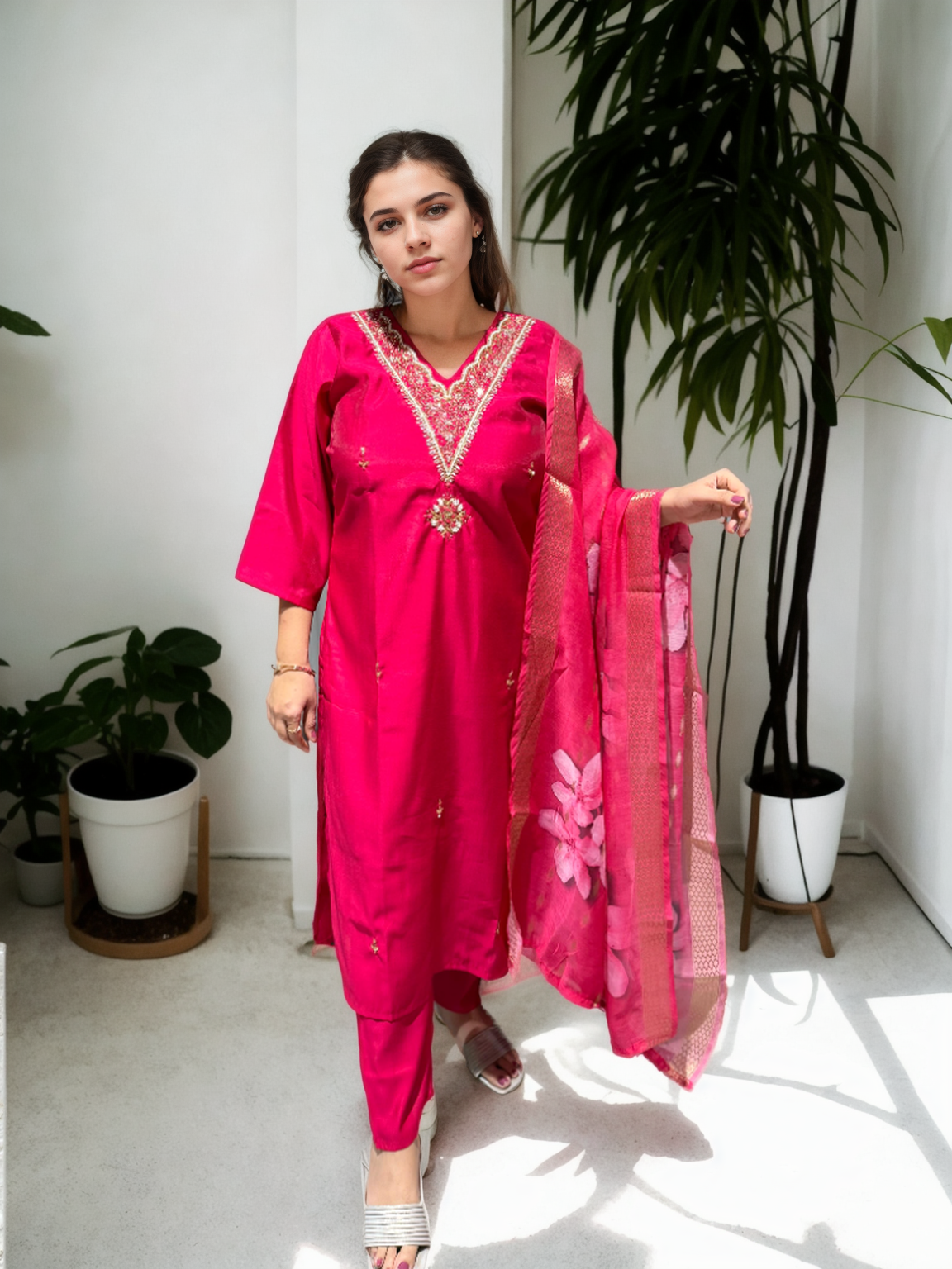 Elegant Roman Silk Suit Set with Handwork – 3 Colours | V-Neck | Chanderi Dupatta