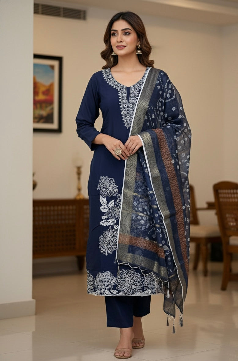 Black American Silk Embroidered Suit with Organza Dupatta & Tassel Detailing