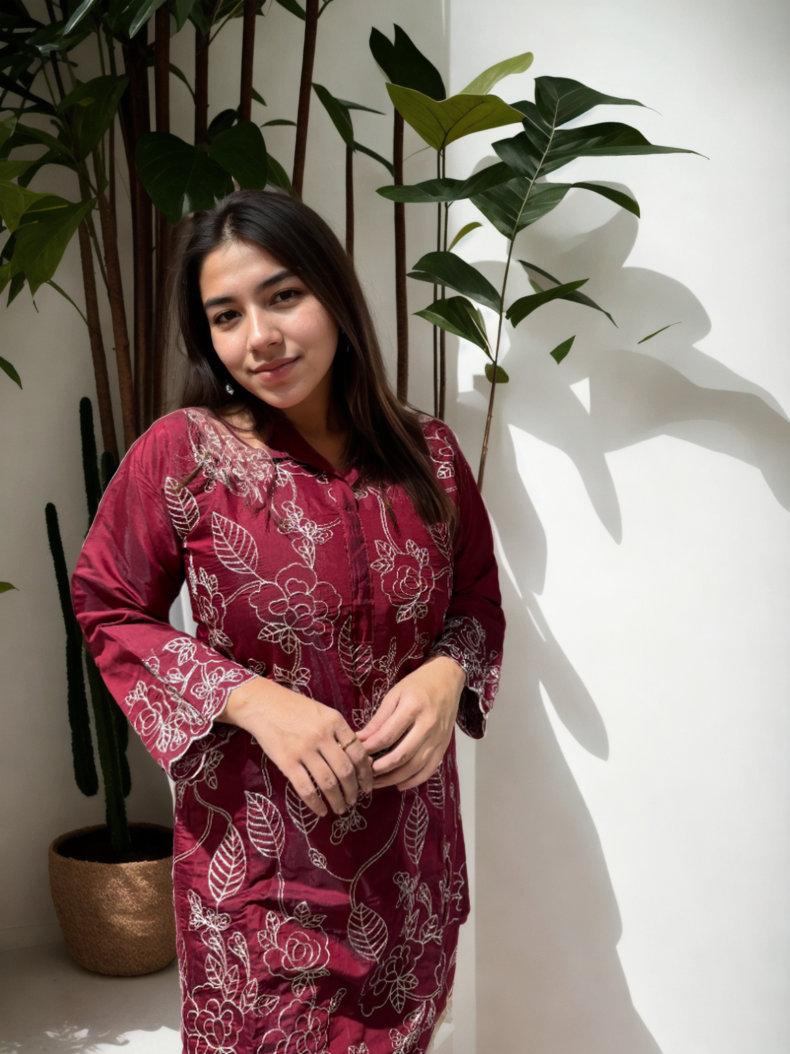 Dori Work Embroidered Coord Set – Roman Silk | Plum & Maroon