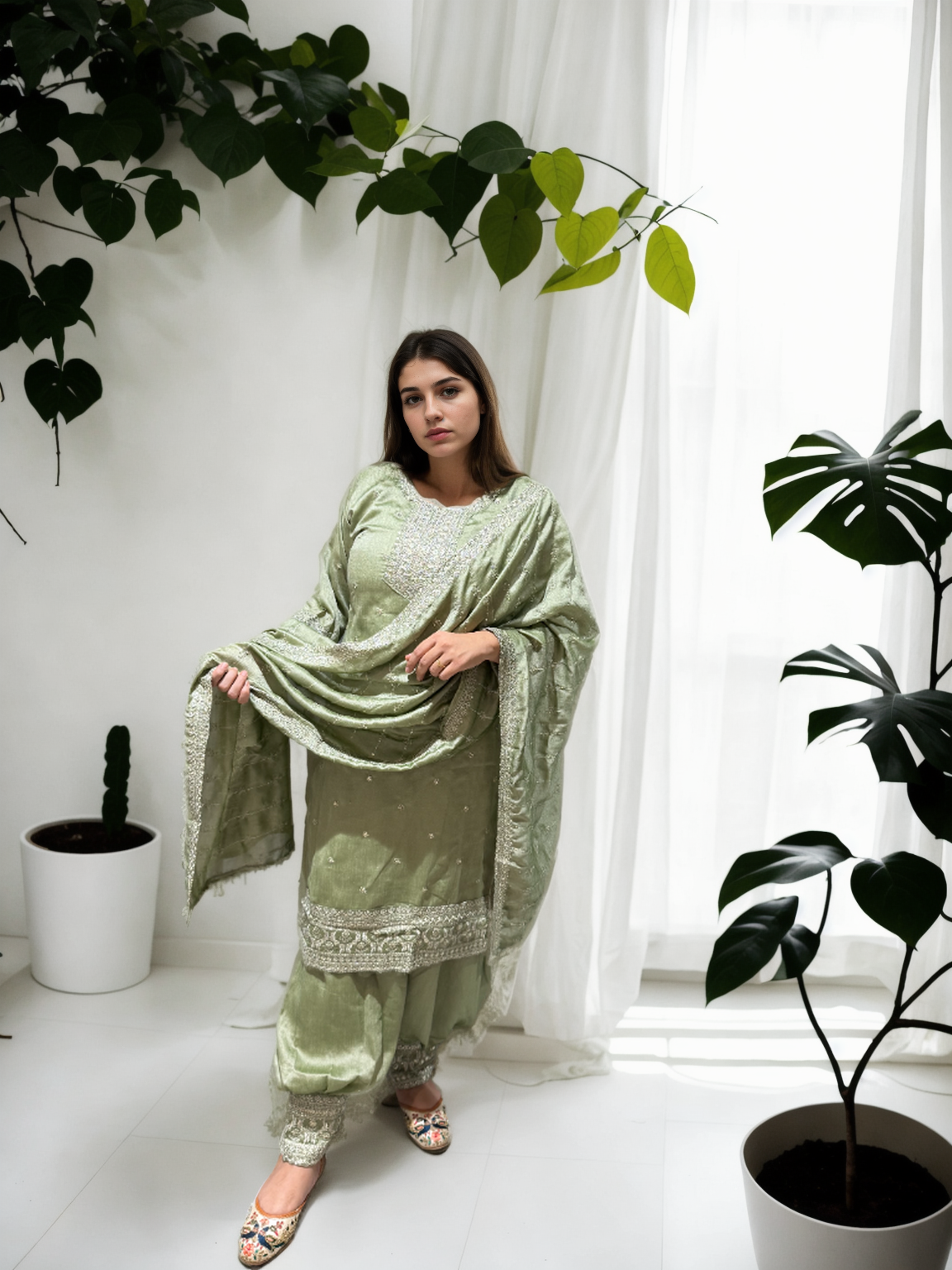 Timeless Charm: Embroidered Afghani Suit Set with Shimmer Detailing