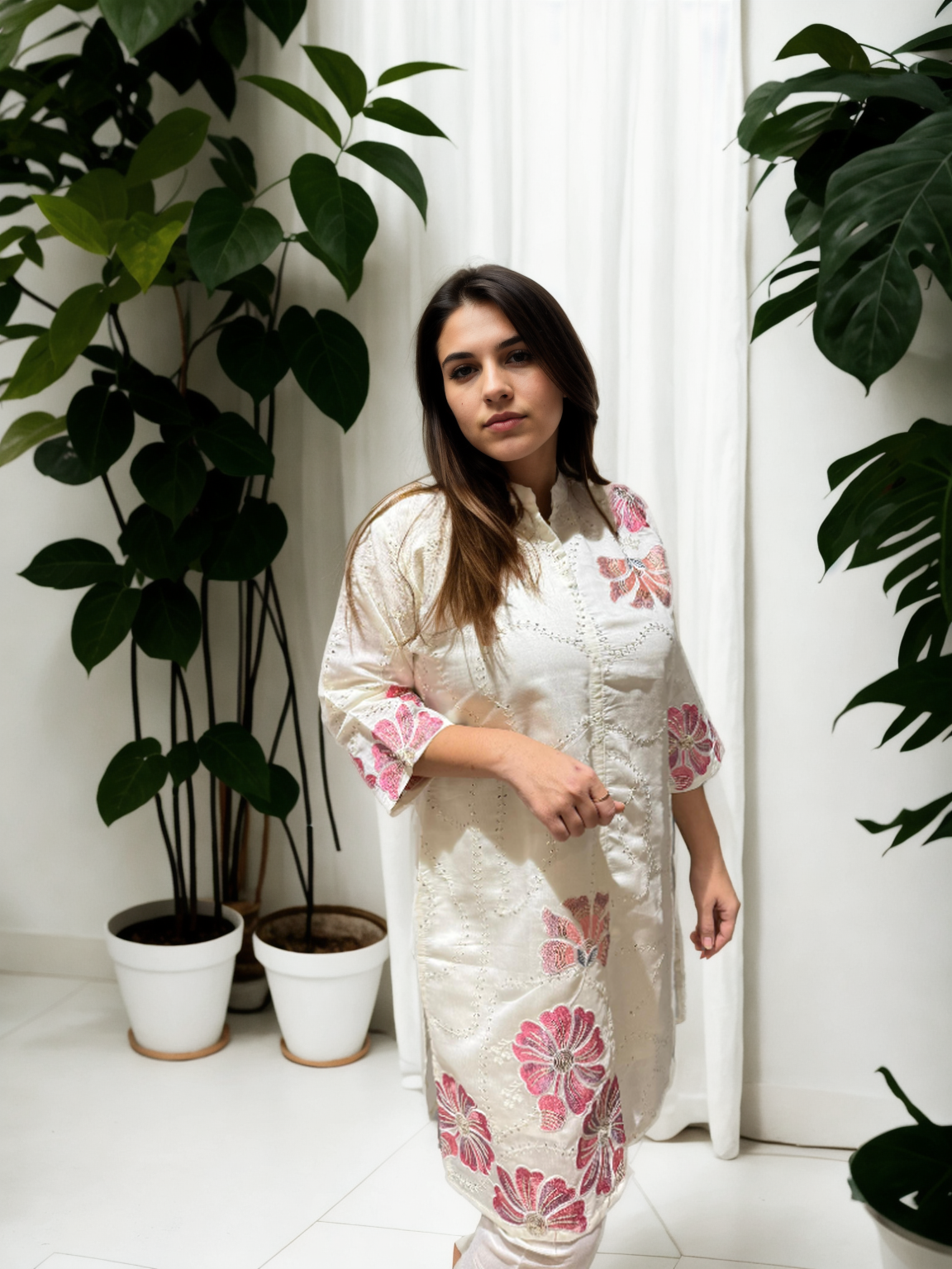 Chikan-Inspired Kurta Set with Bold Floral Appliqué
