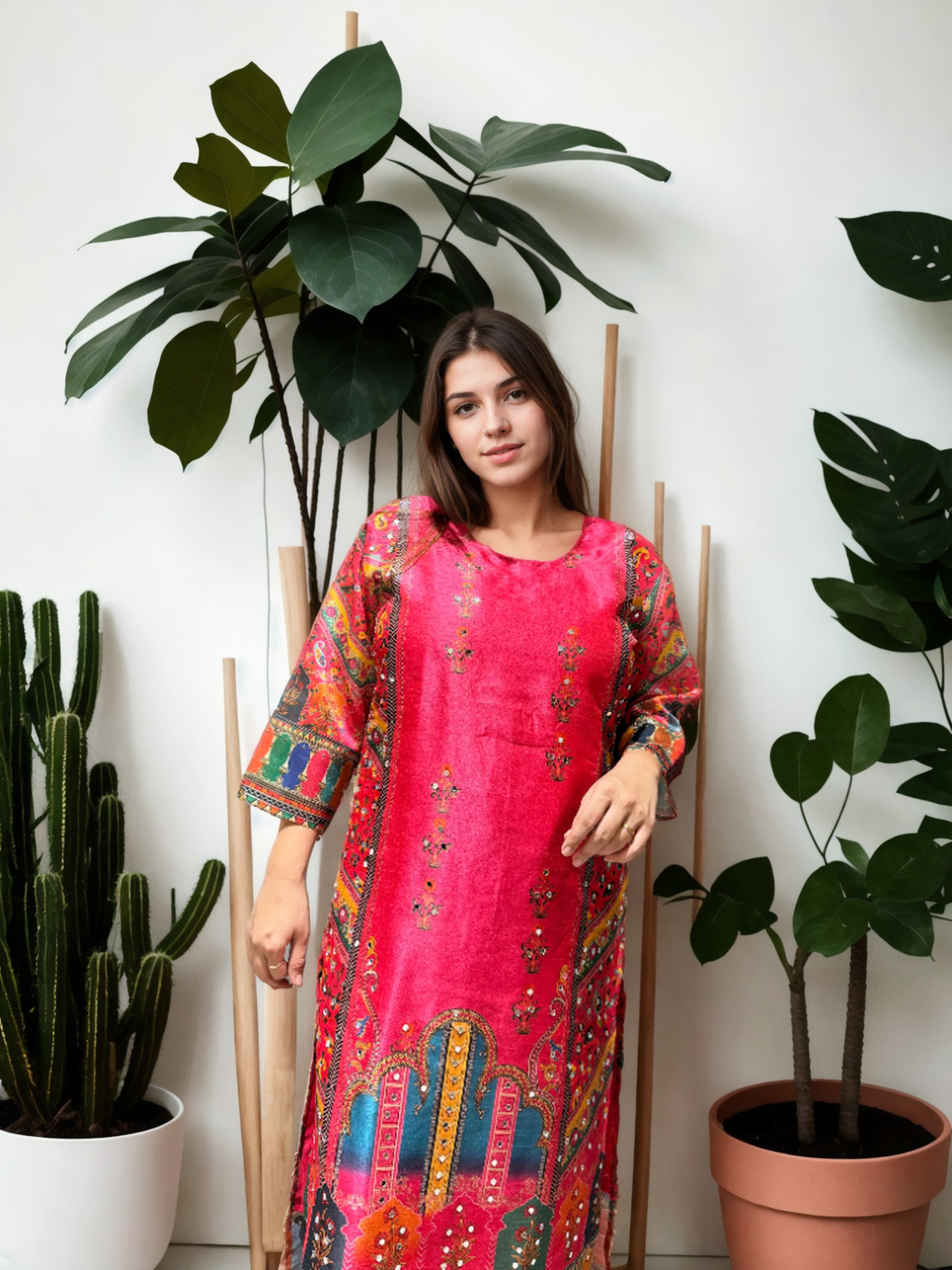 Hot Pink Gadwal Silk Mirror Work Suit Set with American Cotton Inner