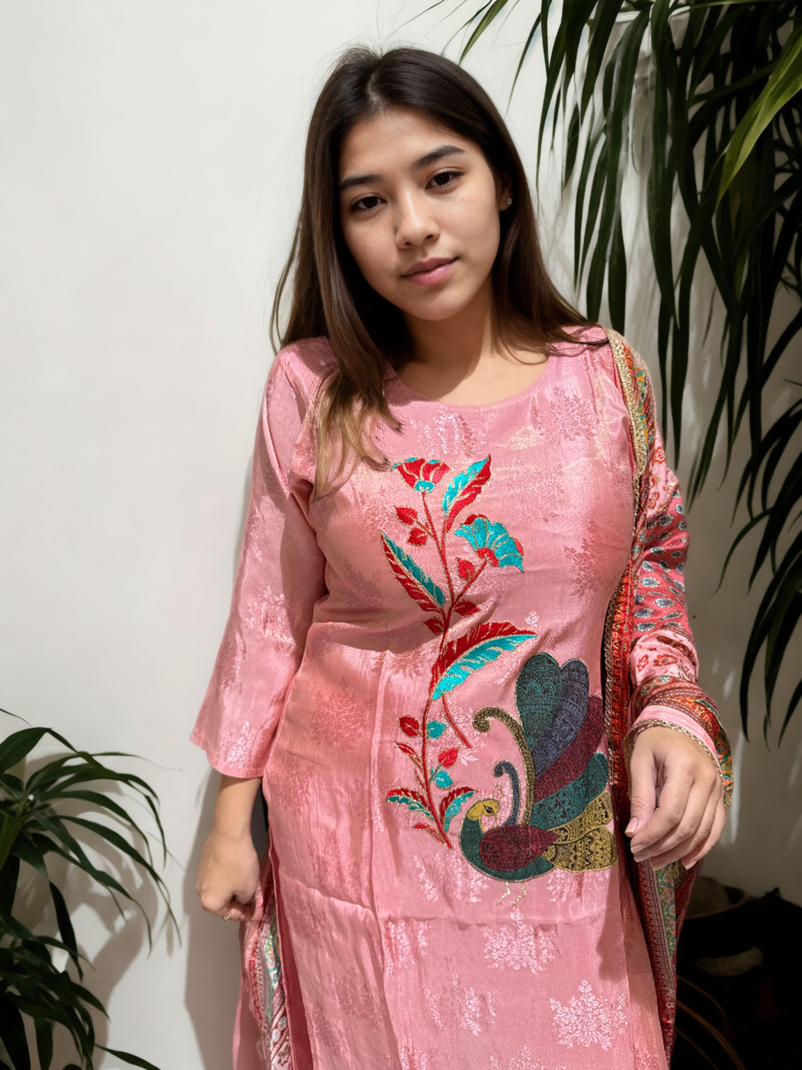 Pink Jacquard Suit with Digital Peacock Embroidery | Signature Collection