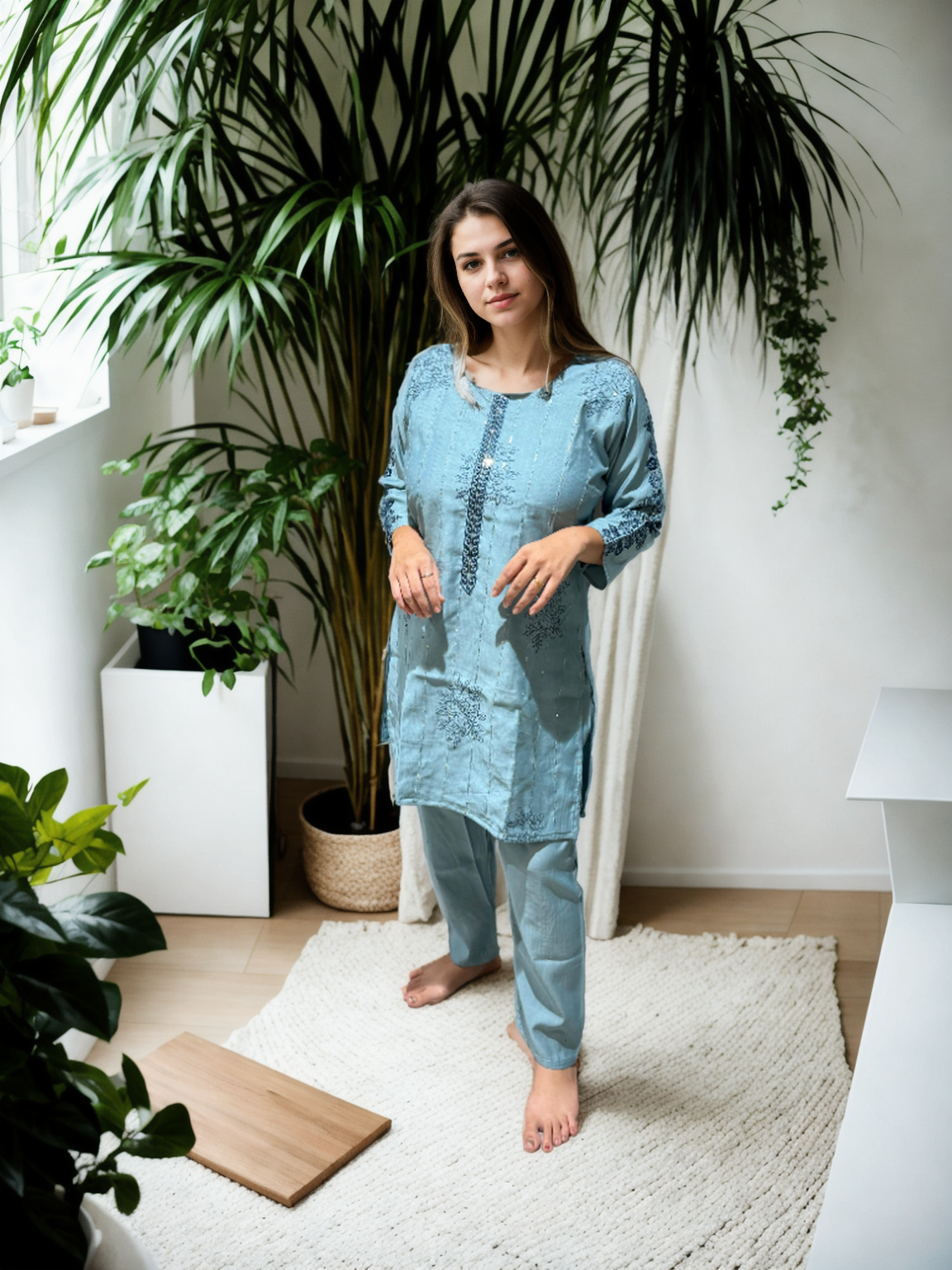 Berlin silk Blue Embroidered Coord Set