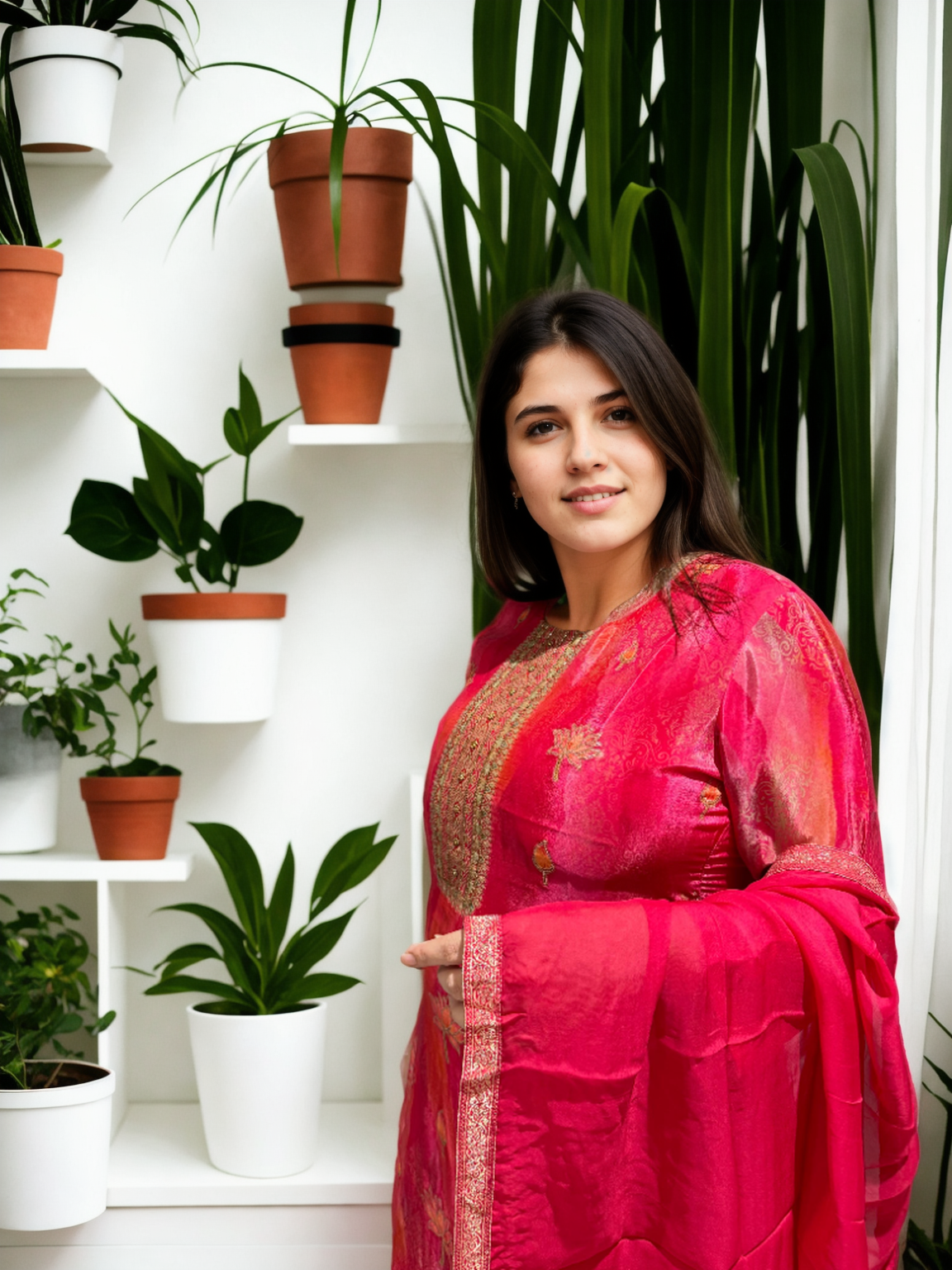 Rani Pink Silk Suit with Lotus Embroidery & Organza Dupatta