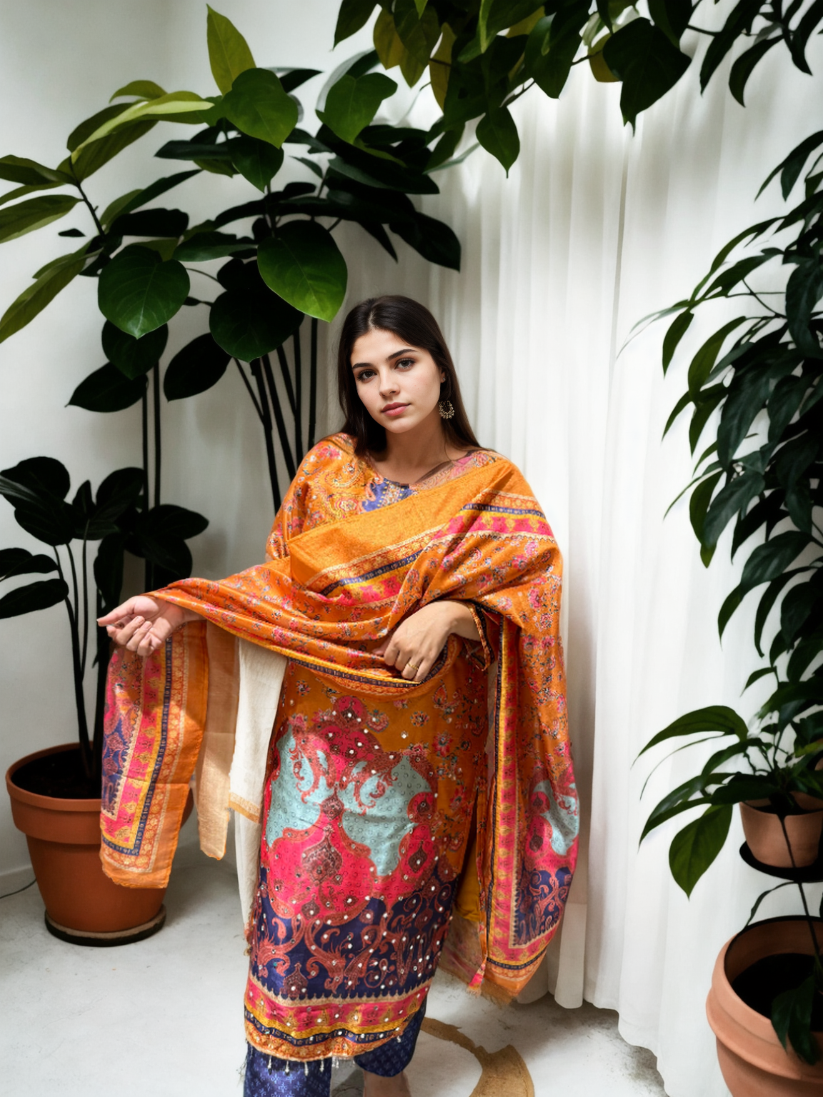 Gadwal Silk Print 3-Piece Suit Set — Saffron Paisley with Mirror Work
