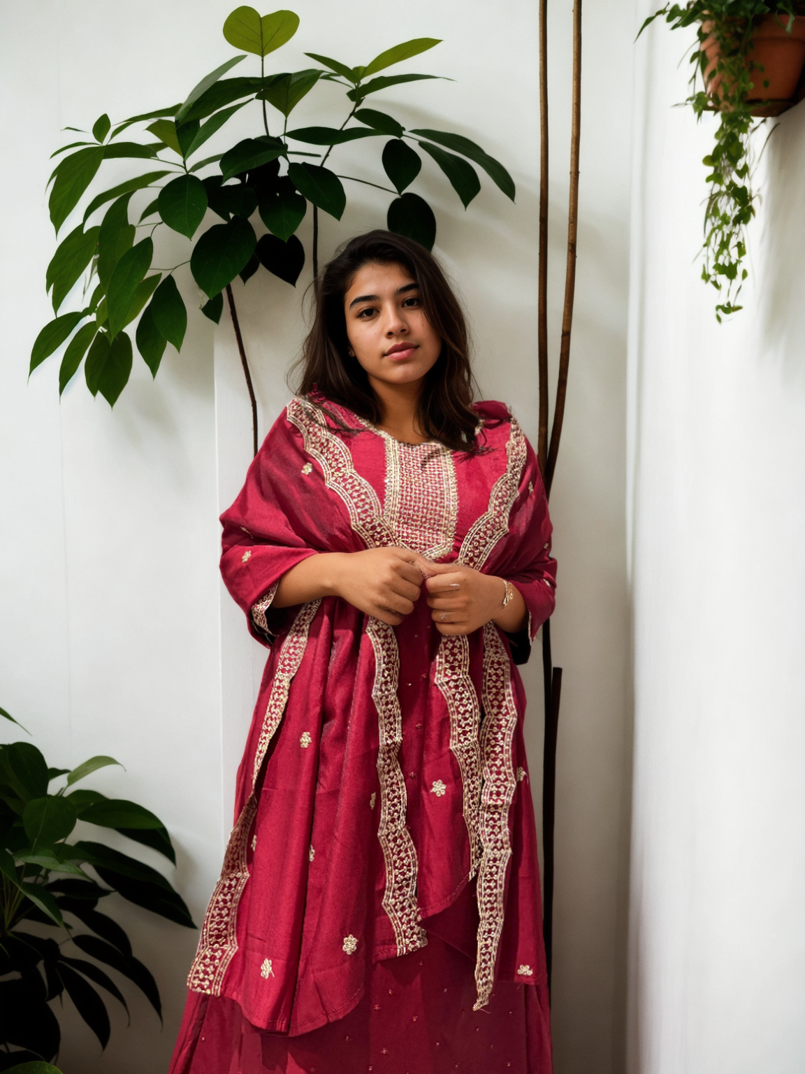 Roman Silk Ghera Suit with Embroidery & Dupatta