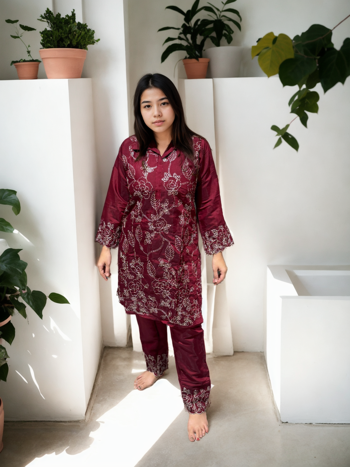 Dori Work Embroidered Coord Set – Roman Silk | Plum & Maroon