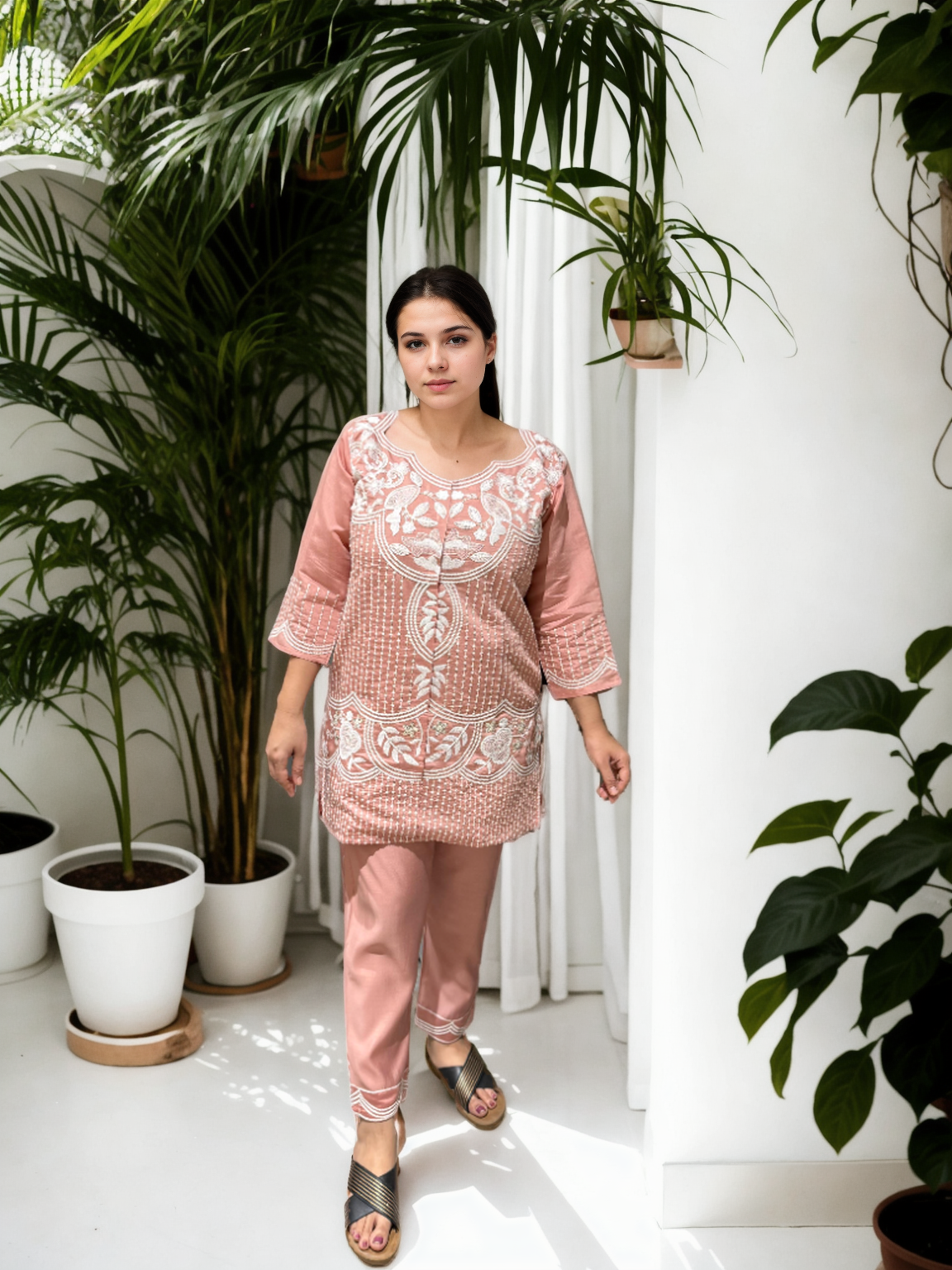 Blush Pink Roman Silk Embroidered Coord Set