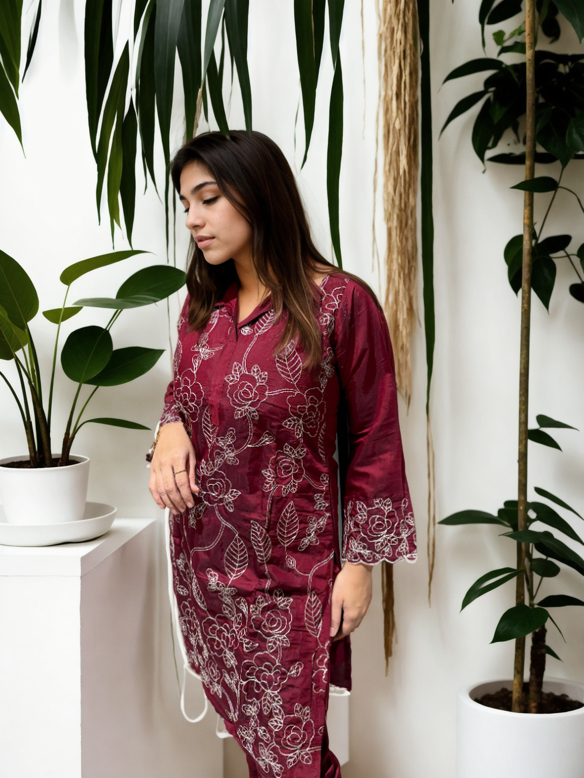 Dori Work Embroidered Coord Set – Roman Silk | Plum & Maroon