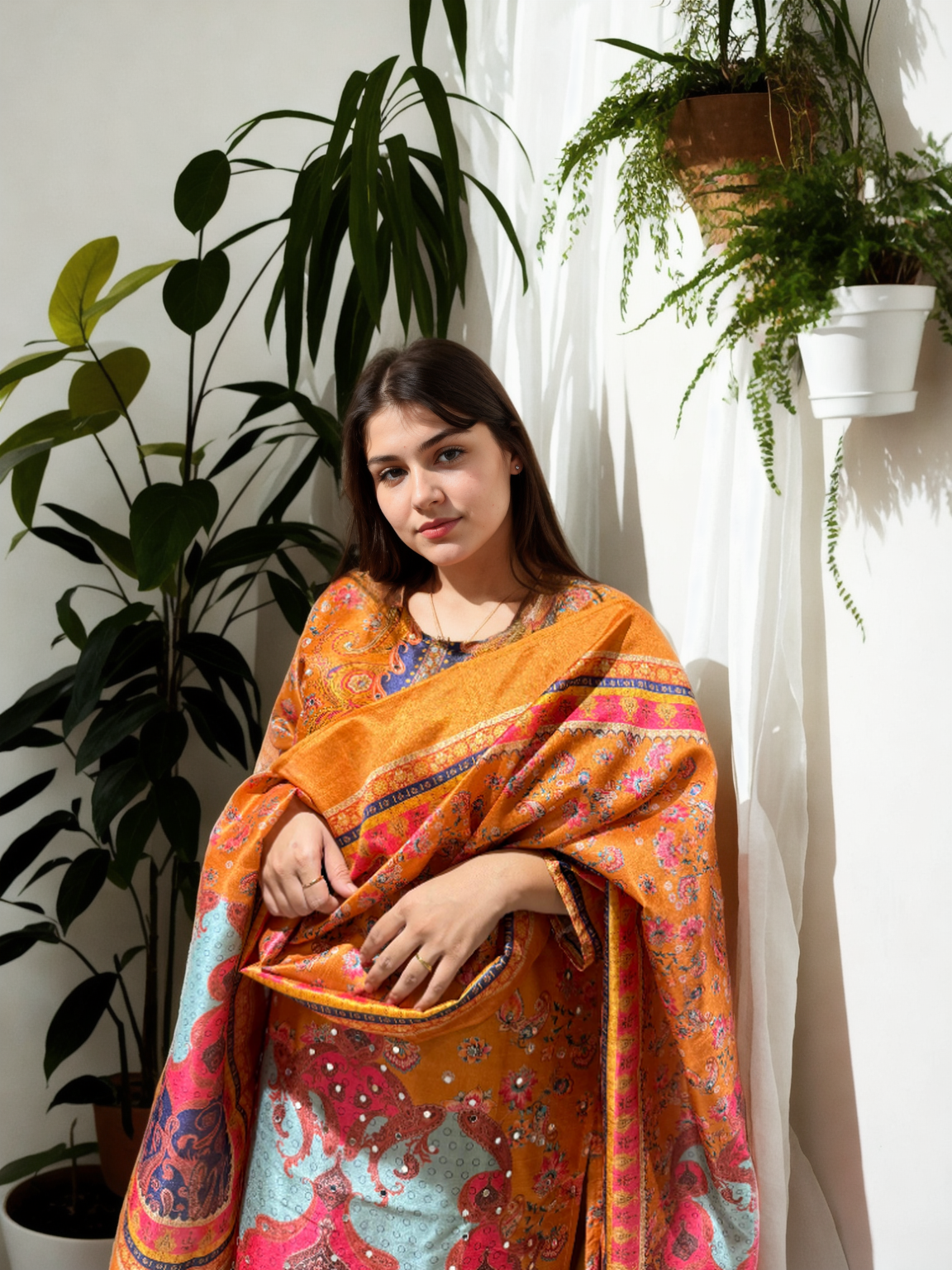 Gadwal Silk Print 3-Piece Suit Set — Saffron Paisley with Mirror Work