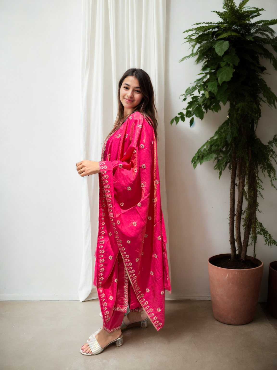 Shimmer Edition Roman Silk Suit Set – Embroidered Dupatta & Sleeves