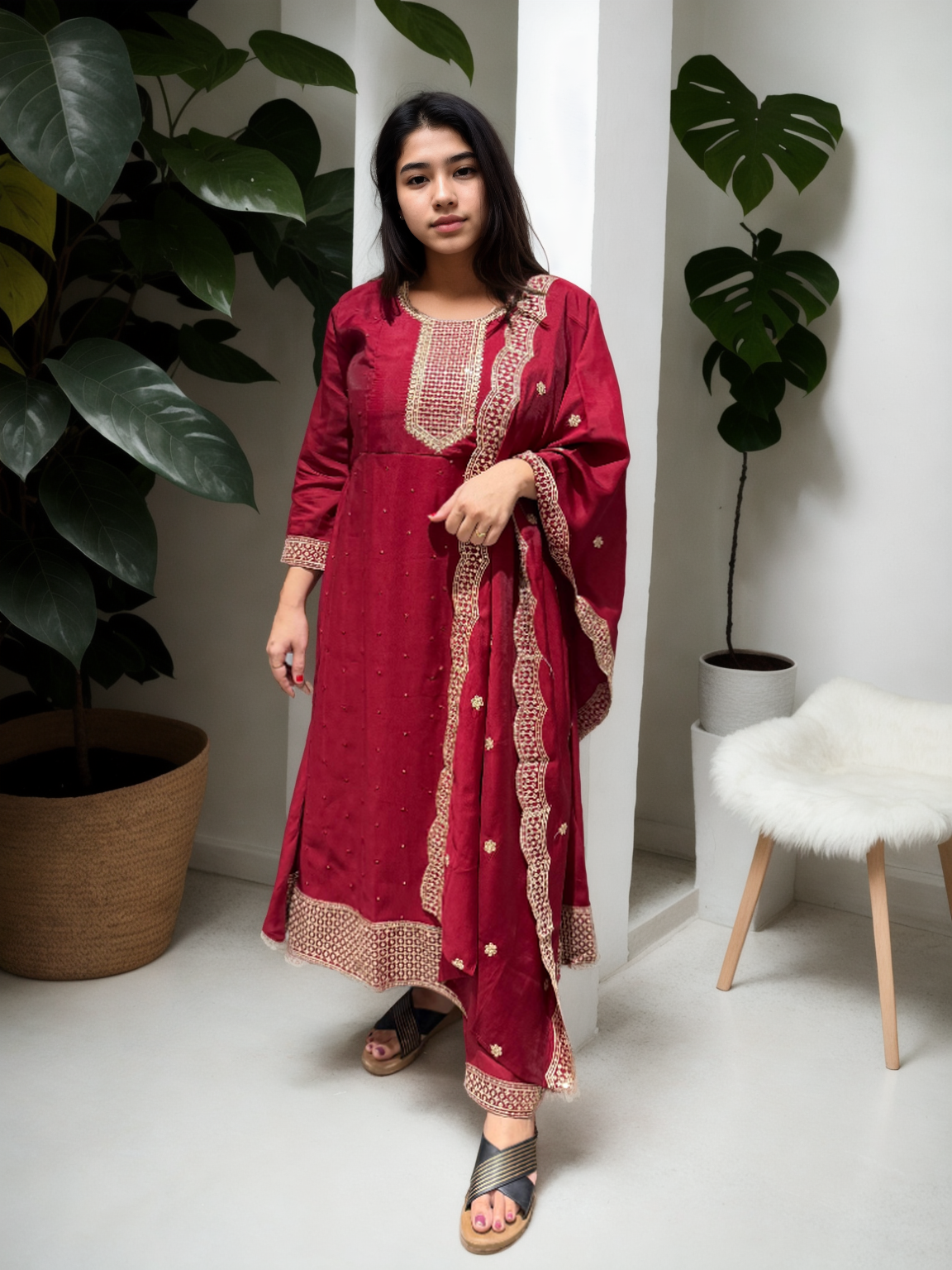 Roman Silk Ghera Suit with Embroidery & Dupatta