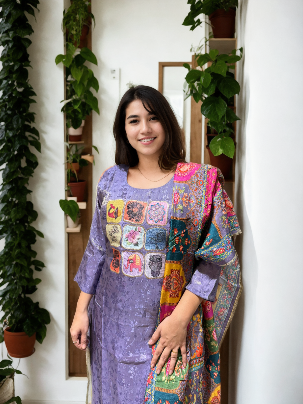 Signature Collection – Violet Jacquard Kurti Set with Digital Embroidery & Silk Dupatta