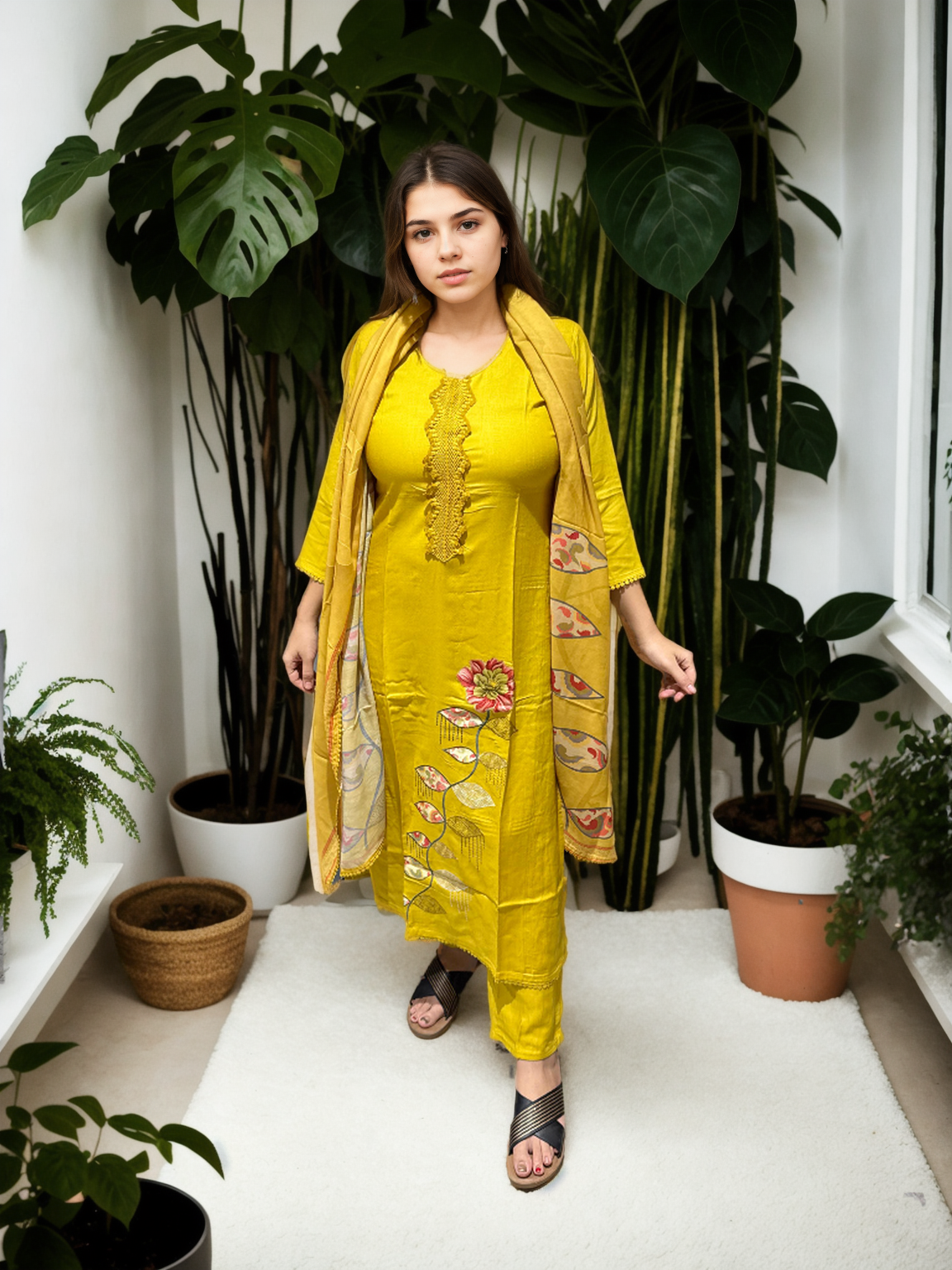 Mustard Yellow Cotton Suit with Digital Embroidery & Printed Dupatta | Signature Collection