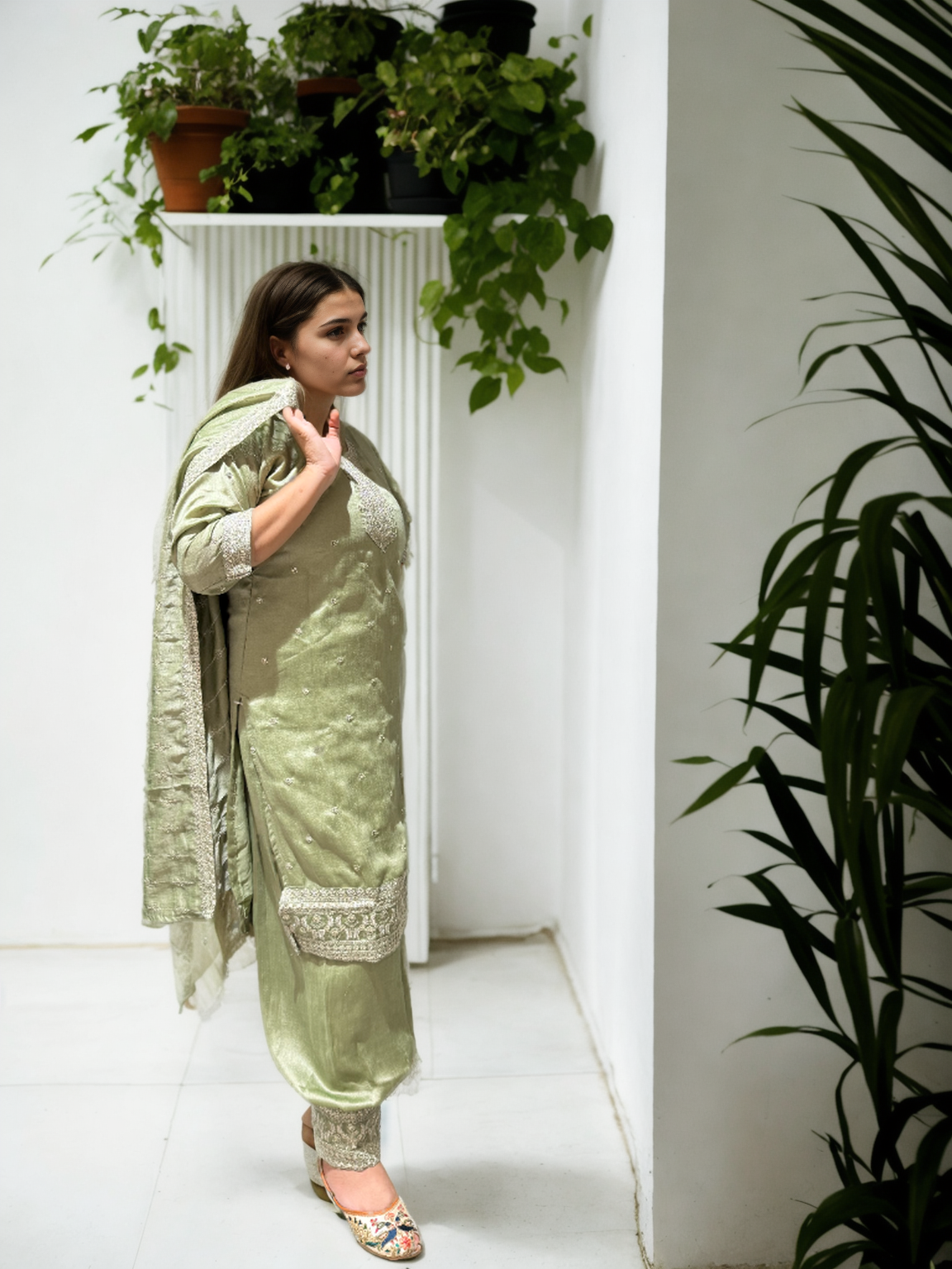 Timeless Charm: Embroidered Afghani Suit Set with Shimmer Detailing