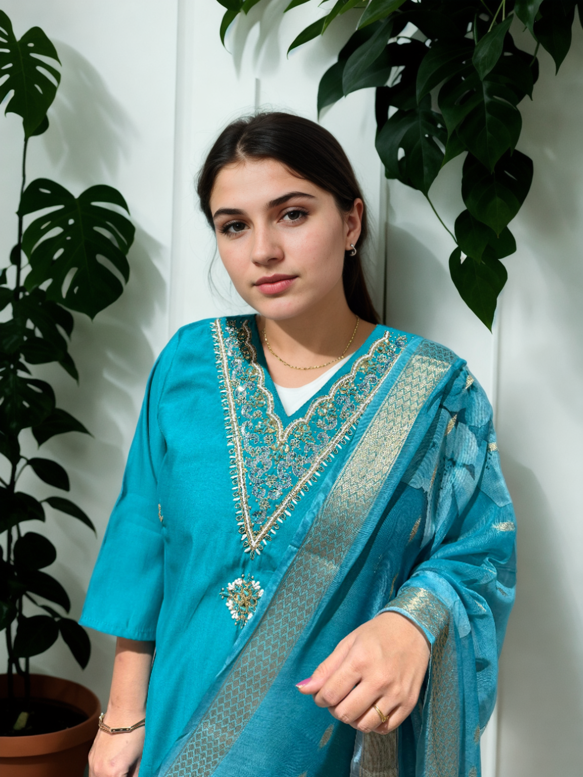 Elegant Roman Silk Suit Set with Handwork – 3 Colours | V-Neck | Chanderi Dupatta