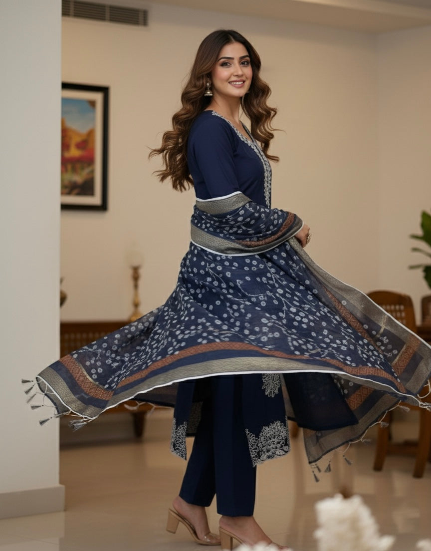 Black American Silk Embroidered Suit with Organza Dupatta & Tassel Detailing