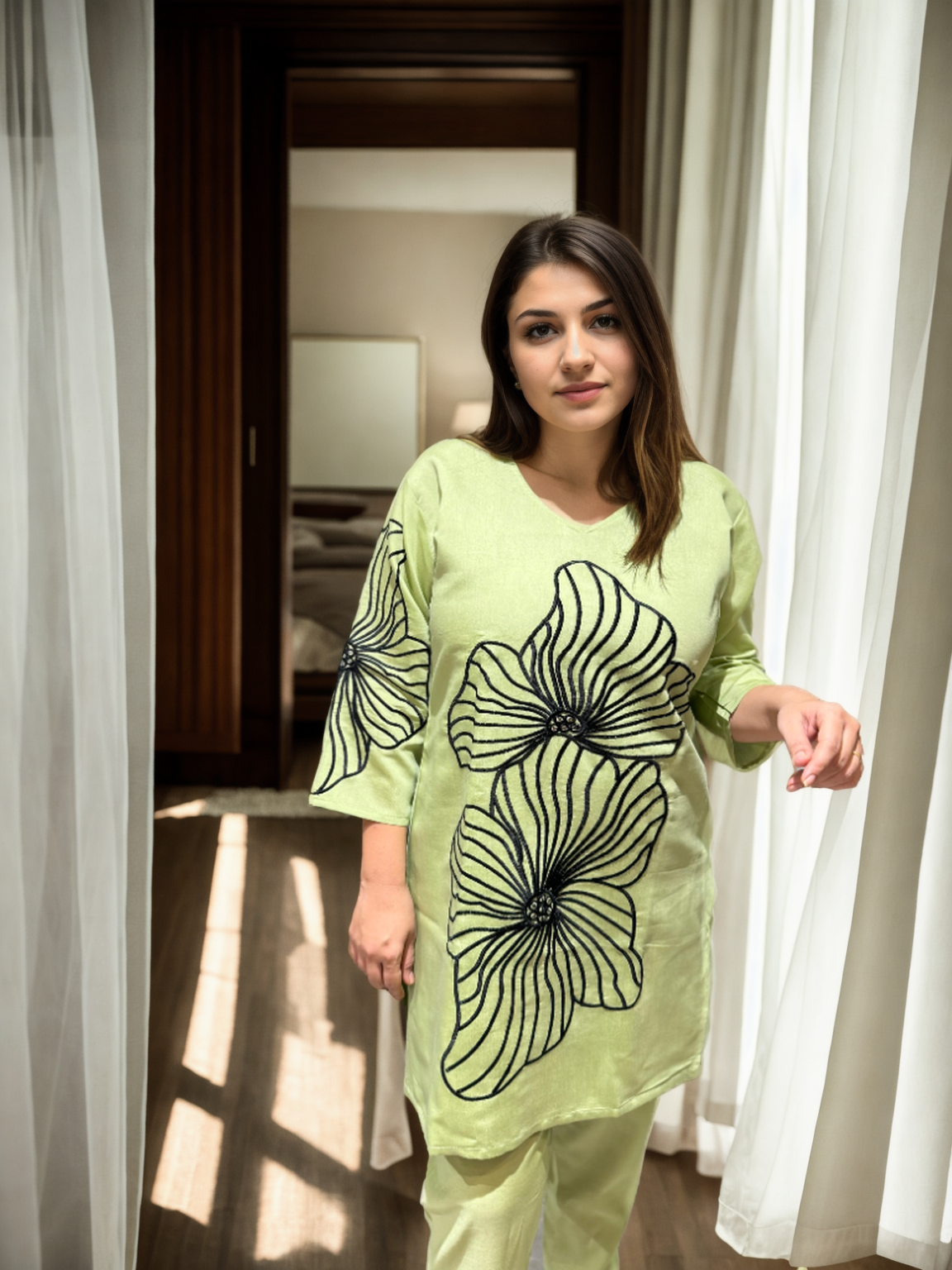 Roman Silk Coord Set with Black Floral Embroidery & American Cotton Inner