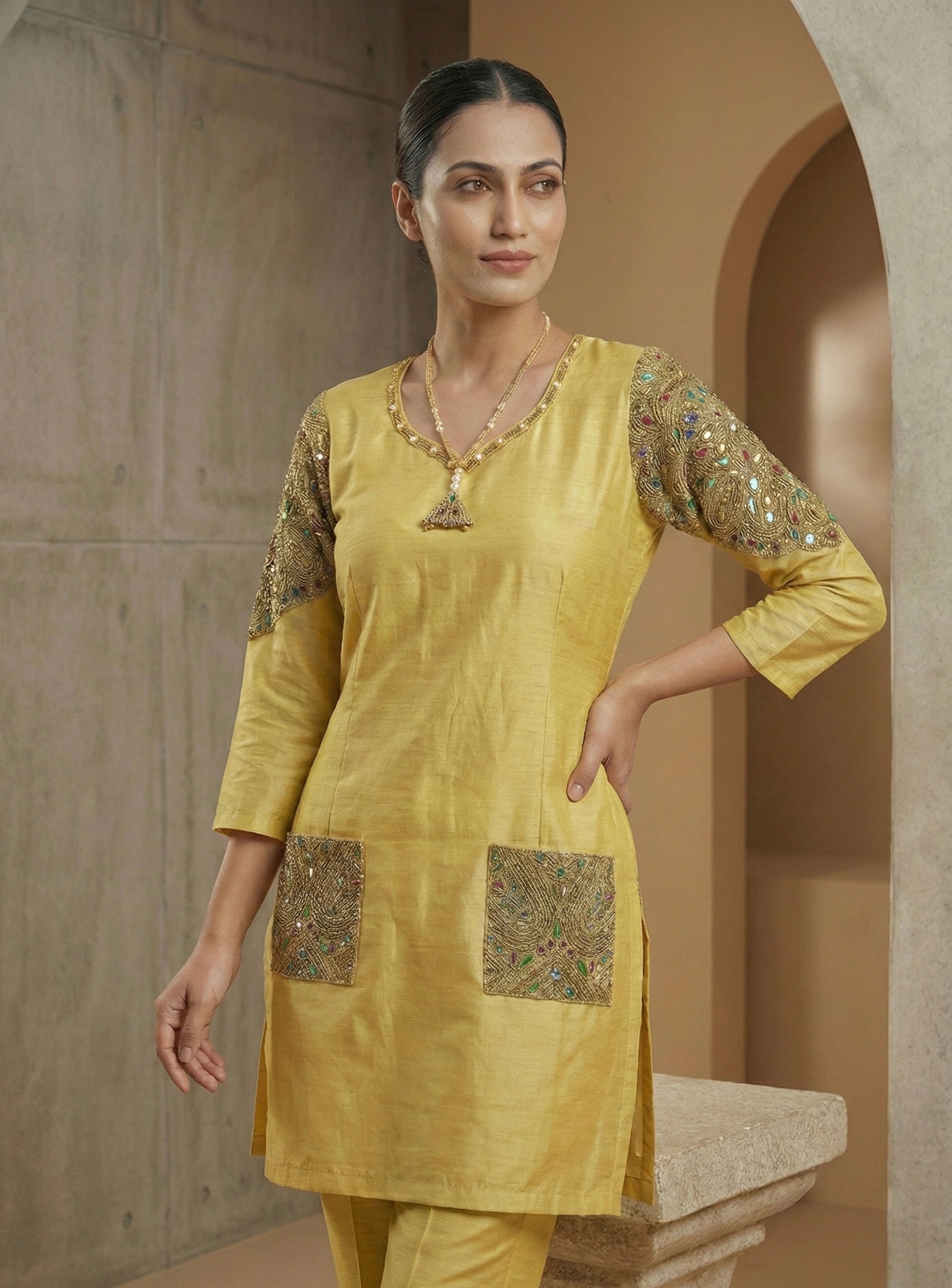Golden Glow Pure Tissue Kurta Set with Hand-Embroidered Pockets & Shoulder Detail