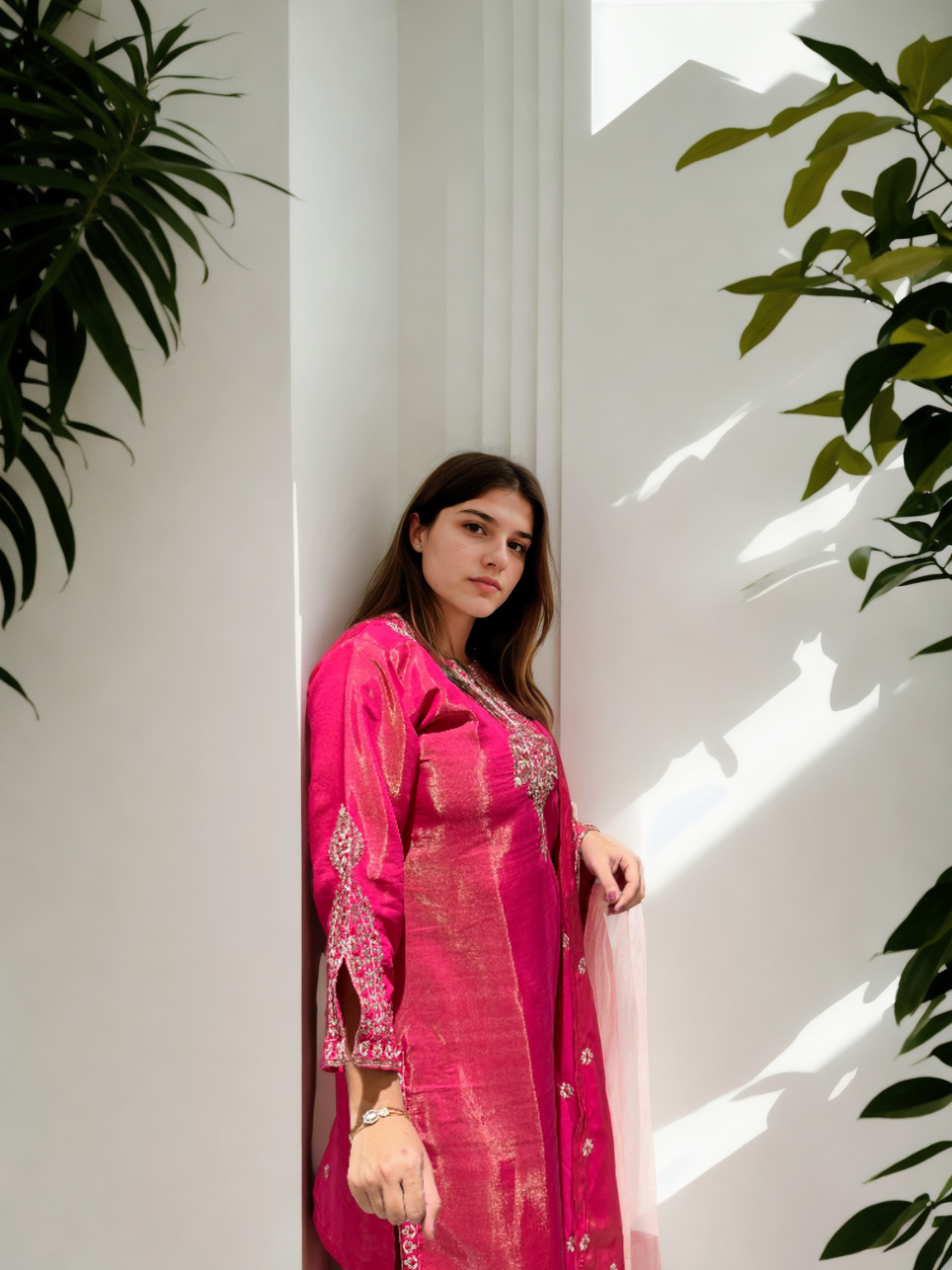 Shimmer Edition Roman Silk Suit Set – Embroidered Dupatta & Sleeves