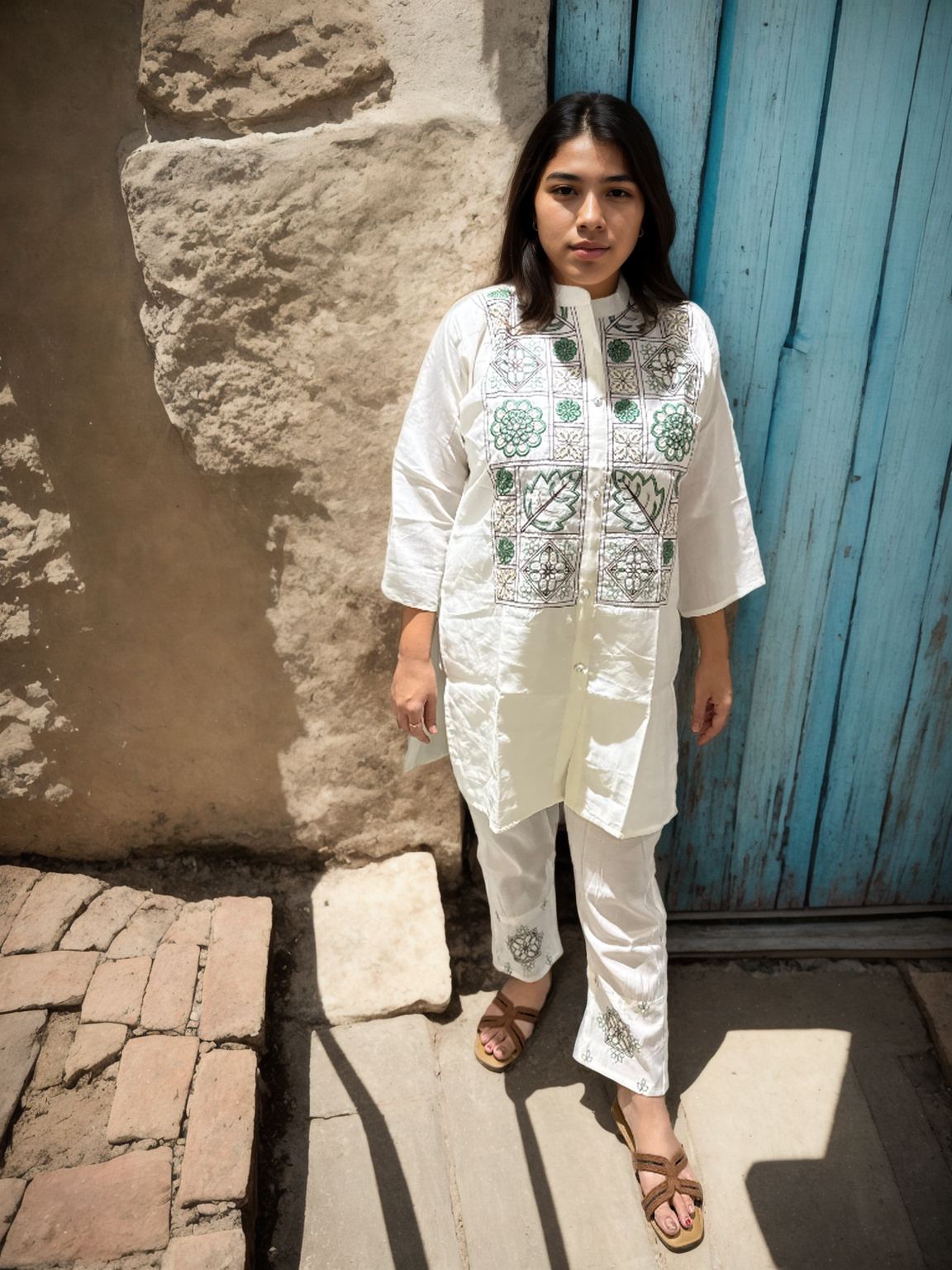 Floral Tile Embroidered Co-ord Set in Roman Silk