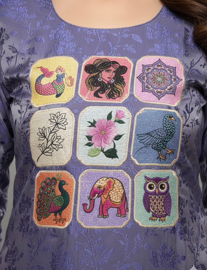 Signature Collection โ Violet Jacquard Kurti Set with Digital Embroidery & Silk Dupatta