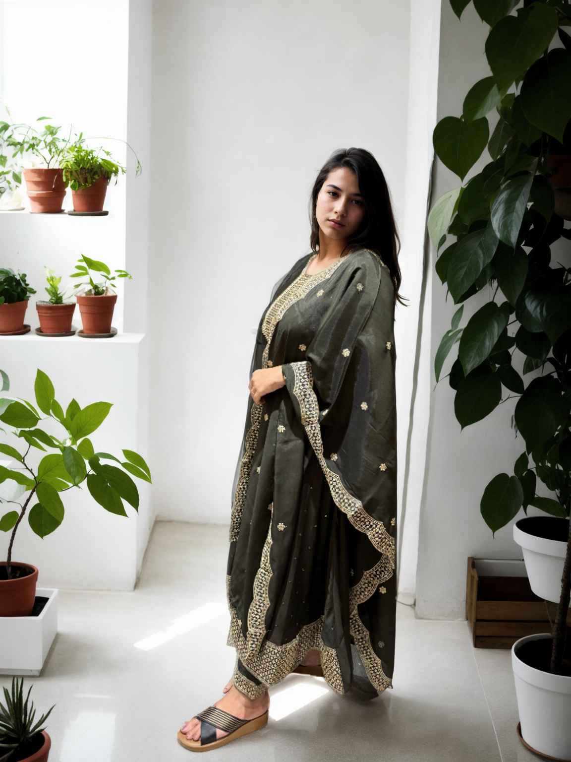Roman Silk Ghera Suit with Embroidery & Dupatta