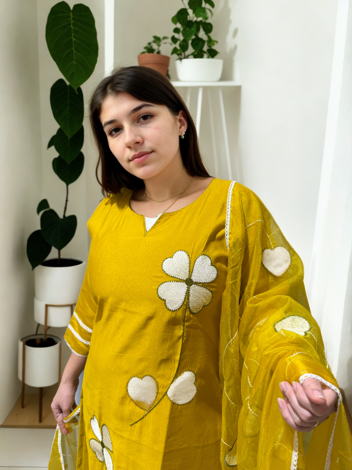 Heart Bloom Suit Set – Roman Silk with Organza Dupatta