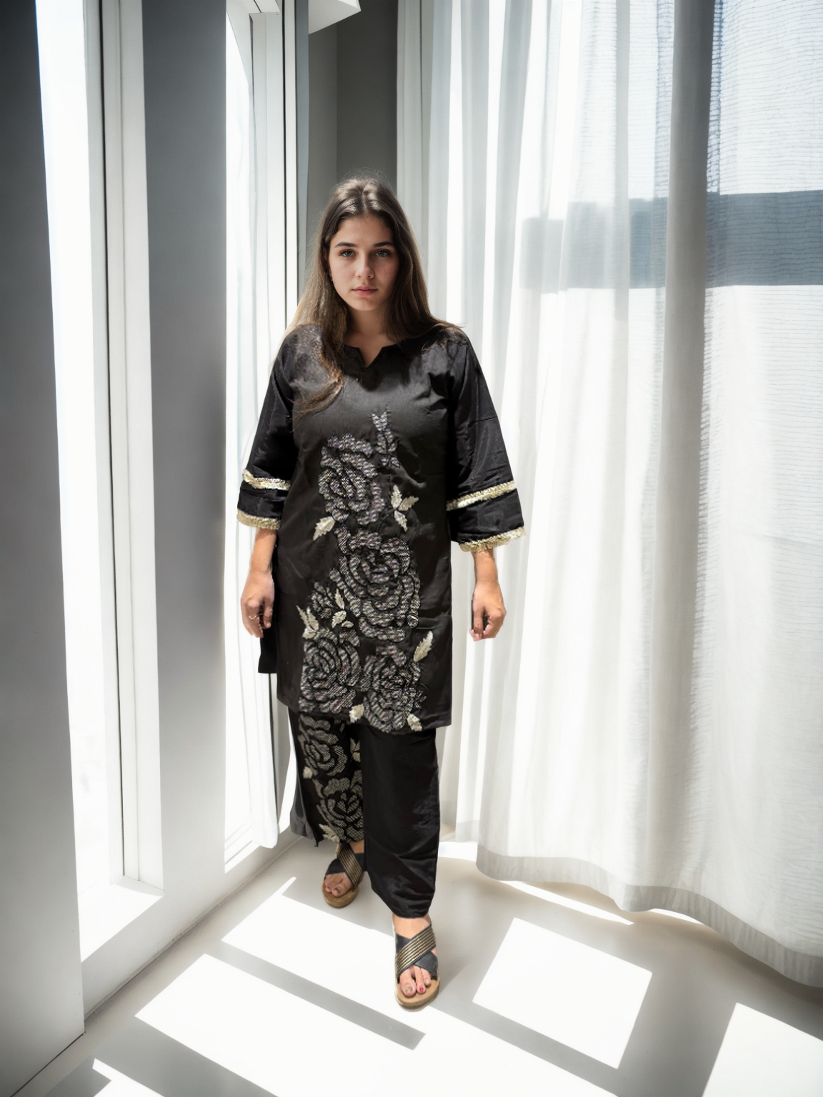 Black Roman Silk Floral Embroidered Co-ord Set with Inner & Pocketed Plazo