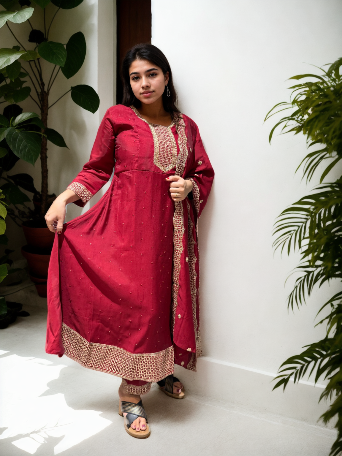 Roman Silk Ghera Suit with Embroidery & Dupatta
