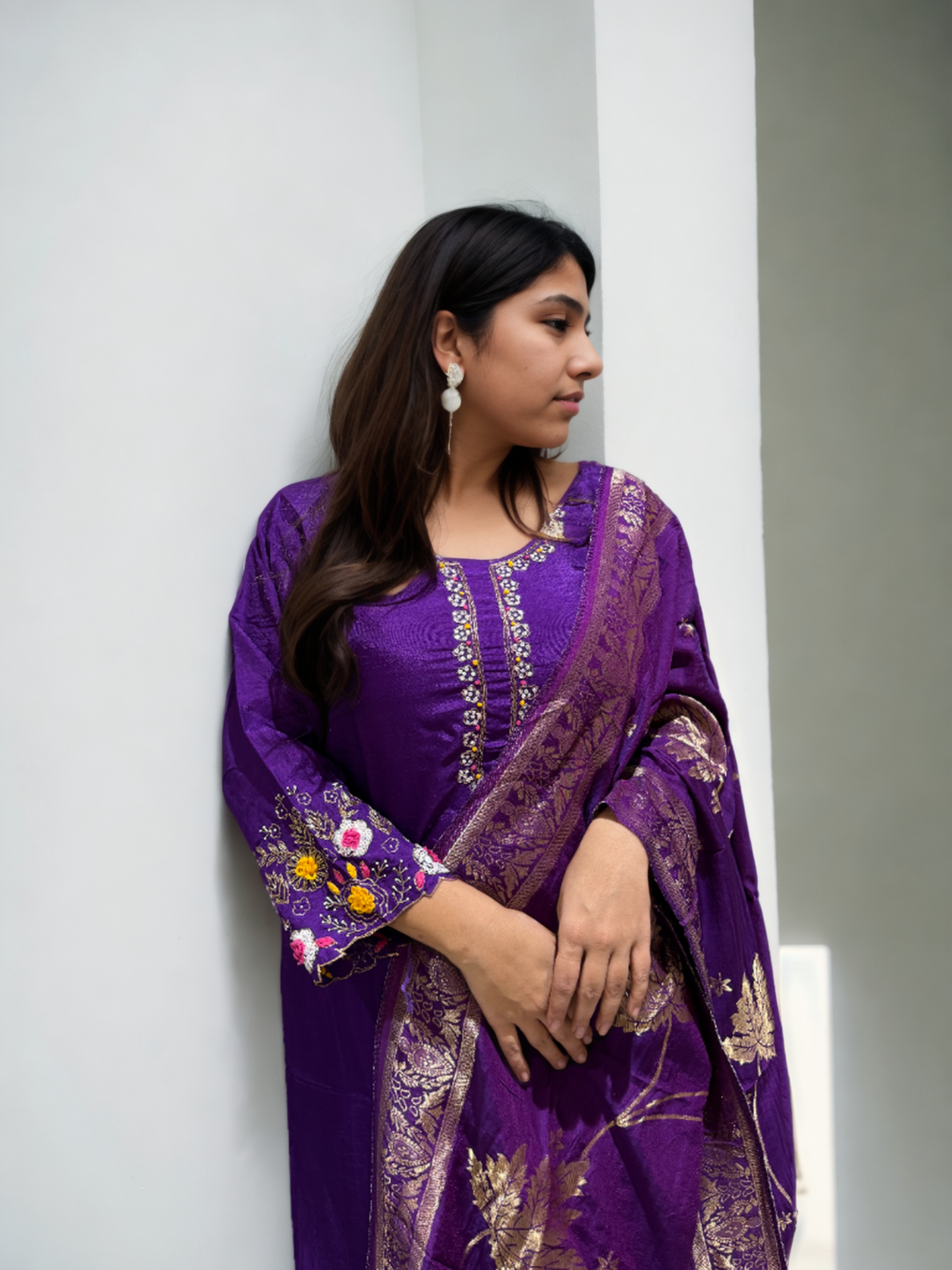 Purple Bloom | Hand-Embroidered Dola Silk Suit Set with Dupatta